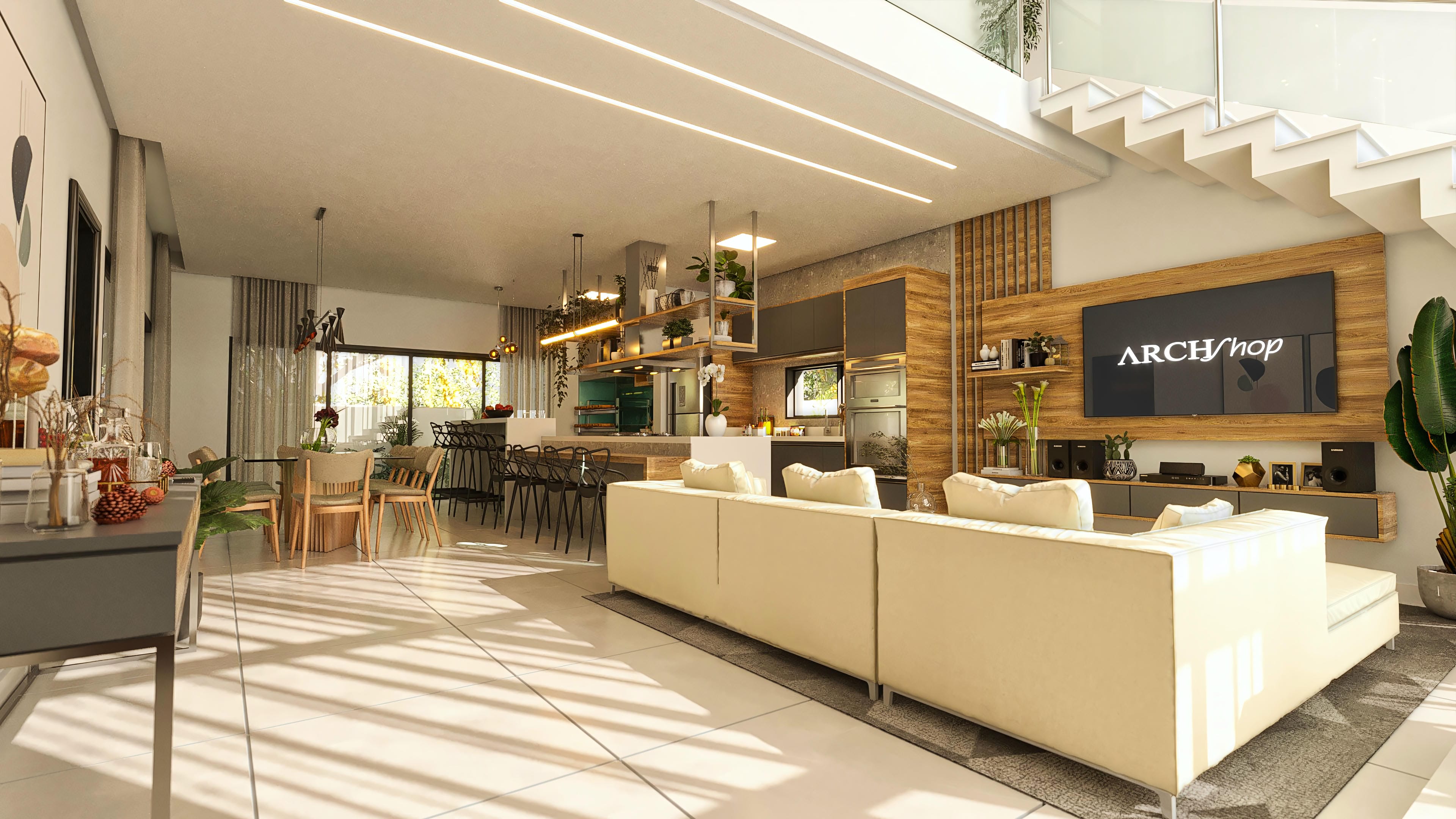Interior de sobrado moderno com sala de estar espaçosa, cozinha gourmet integrada, iluminação indireta e detalhes em madeira.