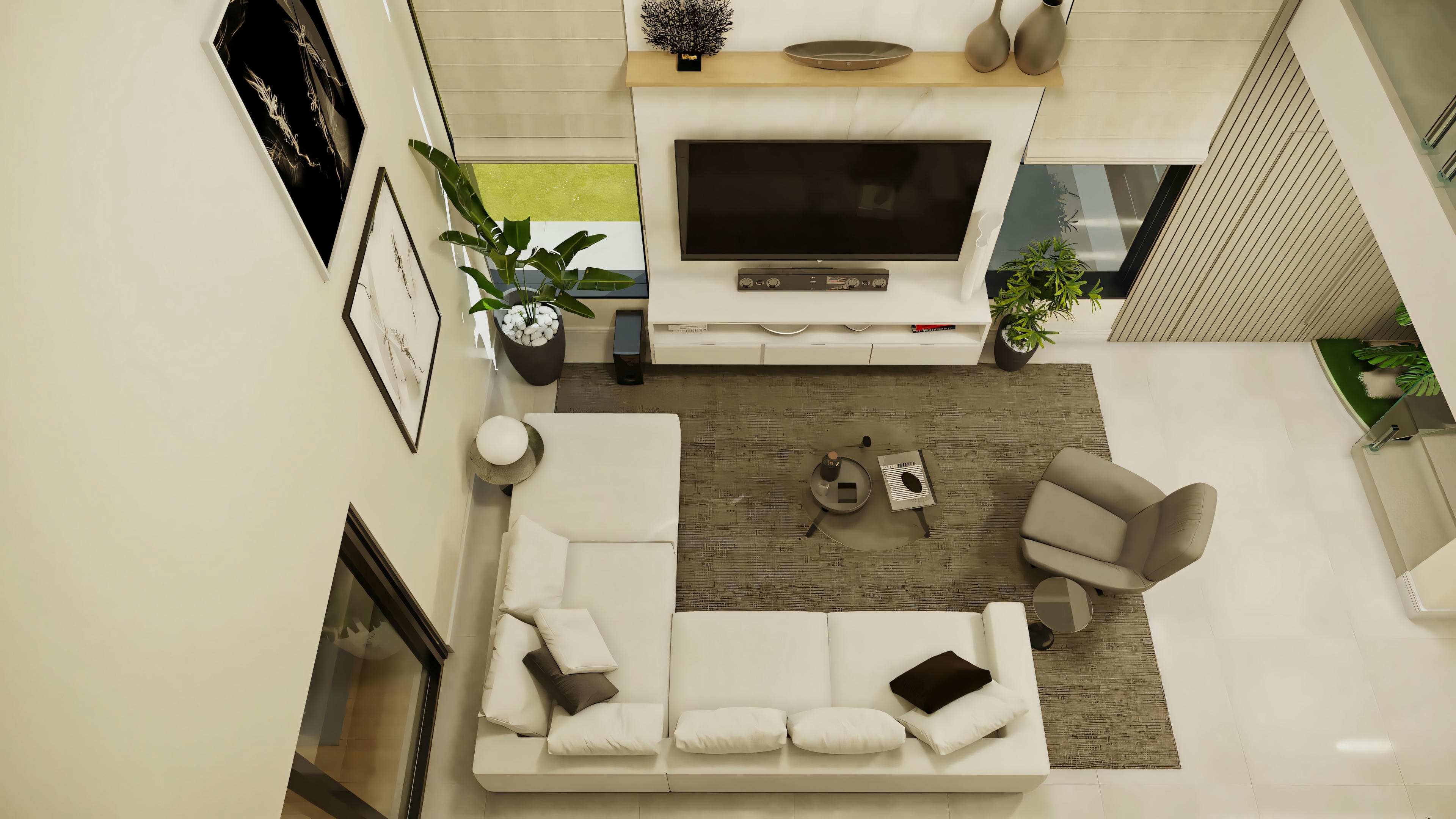 Vista superior de la sala de estar en proyecto de casa lista moderna con 3 suites. Visión amplia del layout con sofá en L, panel de TV y decoración contemporánea en el espacio con doble altura.