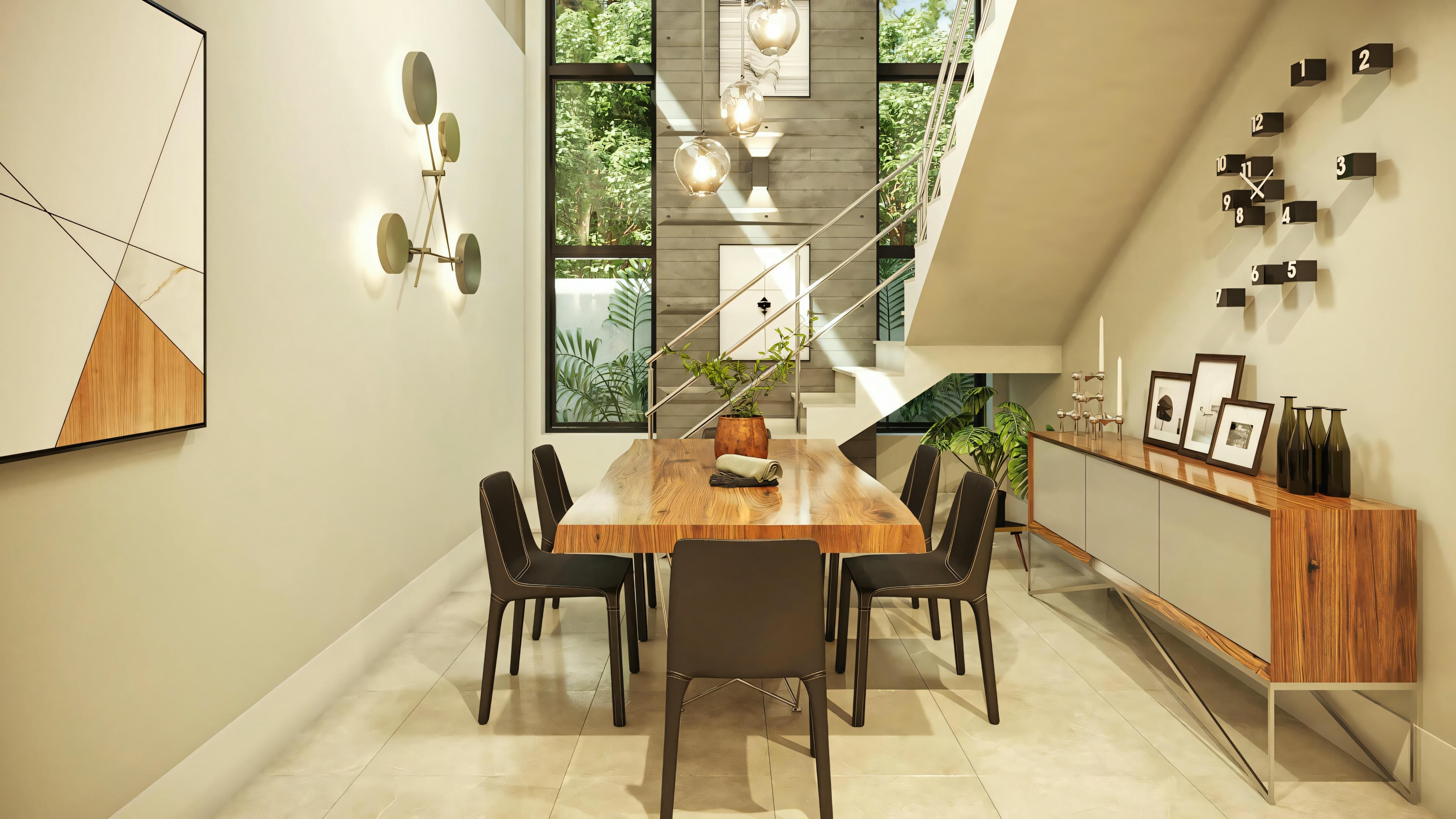 Área de jantar moderna com mesa de madeira e cadeiras, pessoa sentada à mesa, grandes janelas permitindo entrada de luz natural.