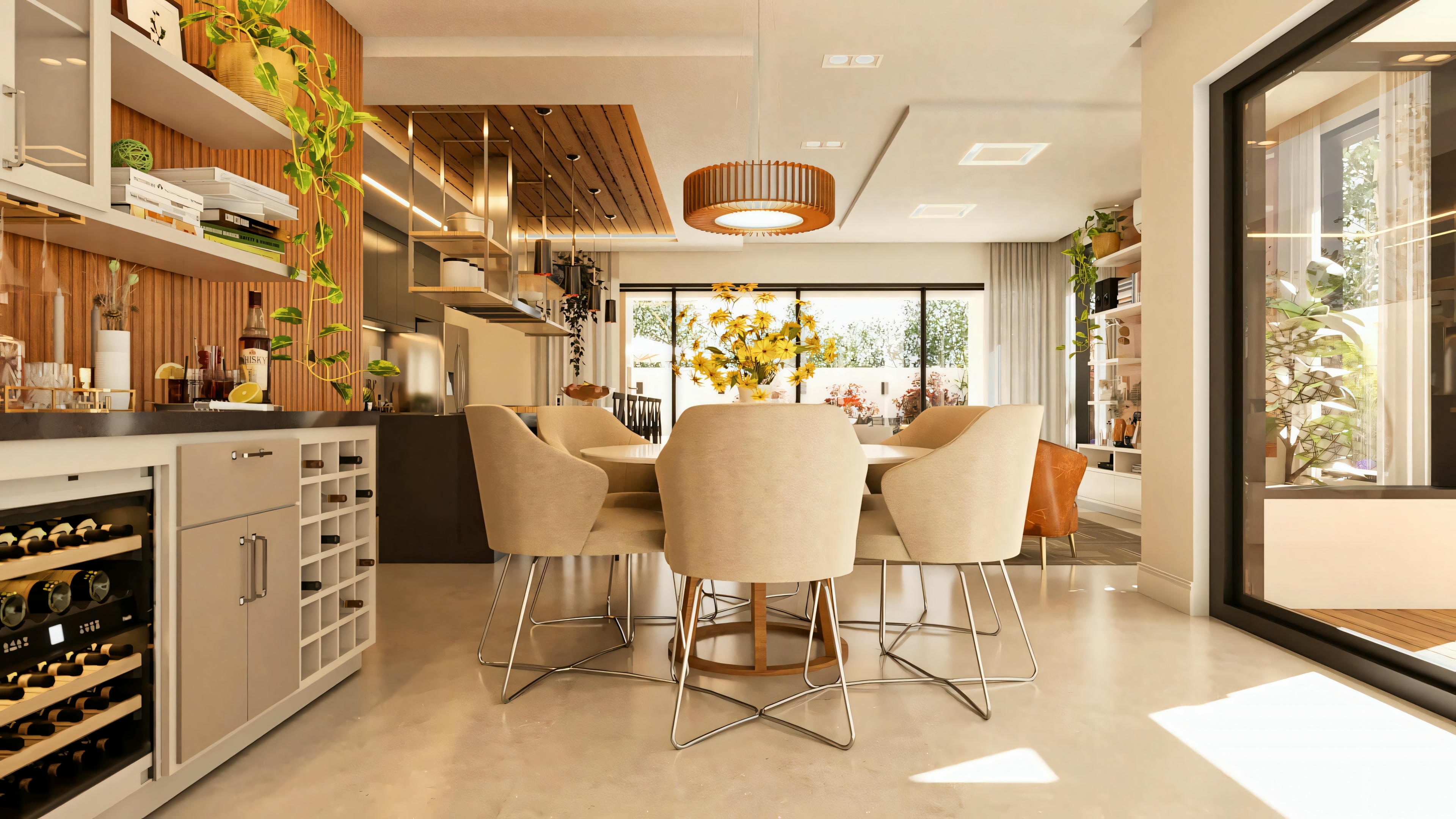 Visión general del área gourmet integrada en la casa de dos pisos moderna de 330m², incluyendo comedor con mesa redonda, bar con bodega, cocina con isla y acceso al balcón.
