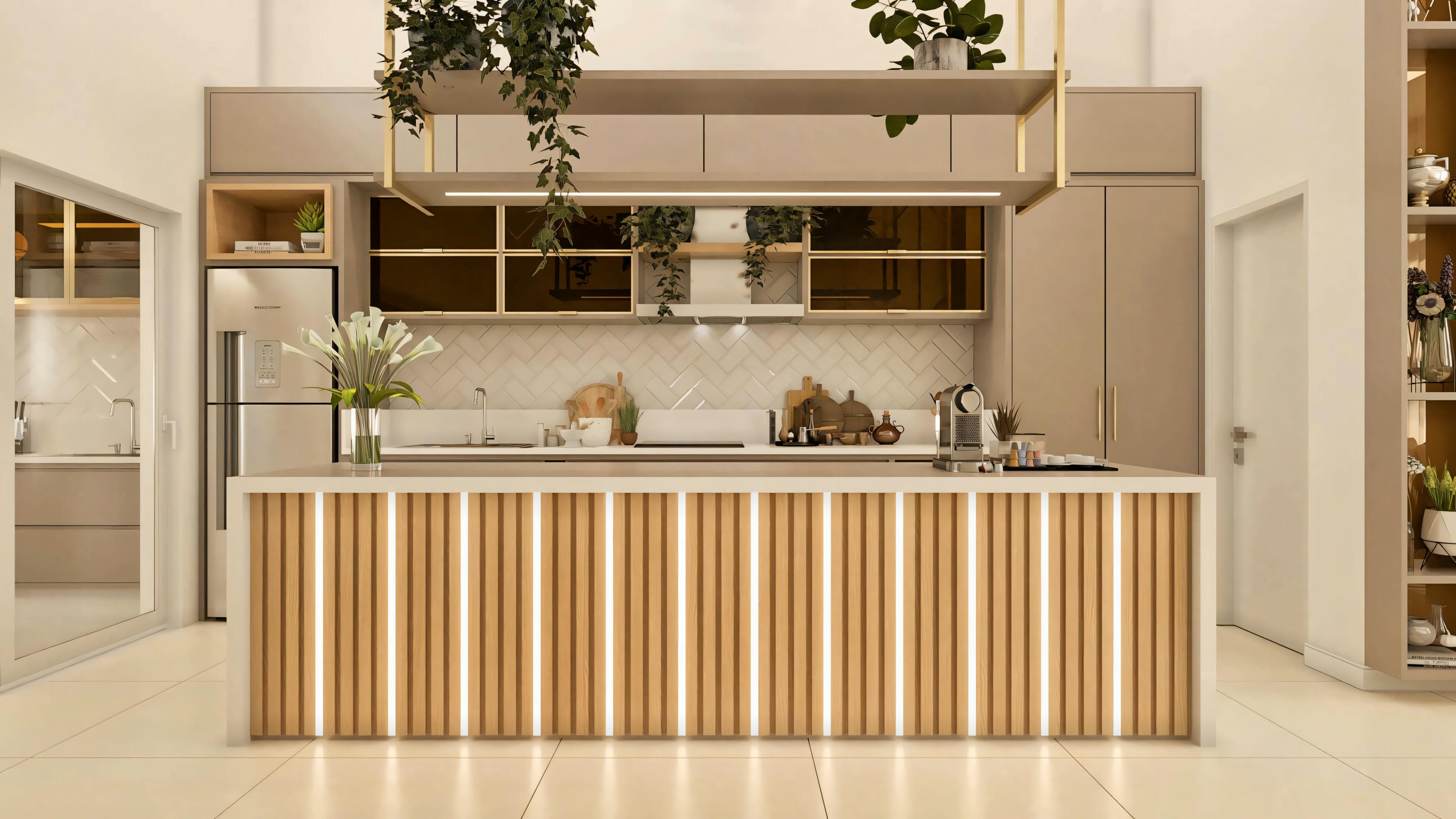 Ambiente da área gourmet em projeto de casa térrea moderna (3 quartos), com destaque para a ilha com painel ripado iluminado, armários planejados e prateleira suspensa decorativa.