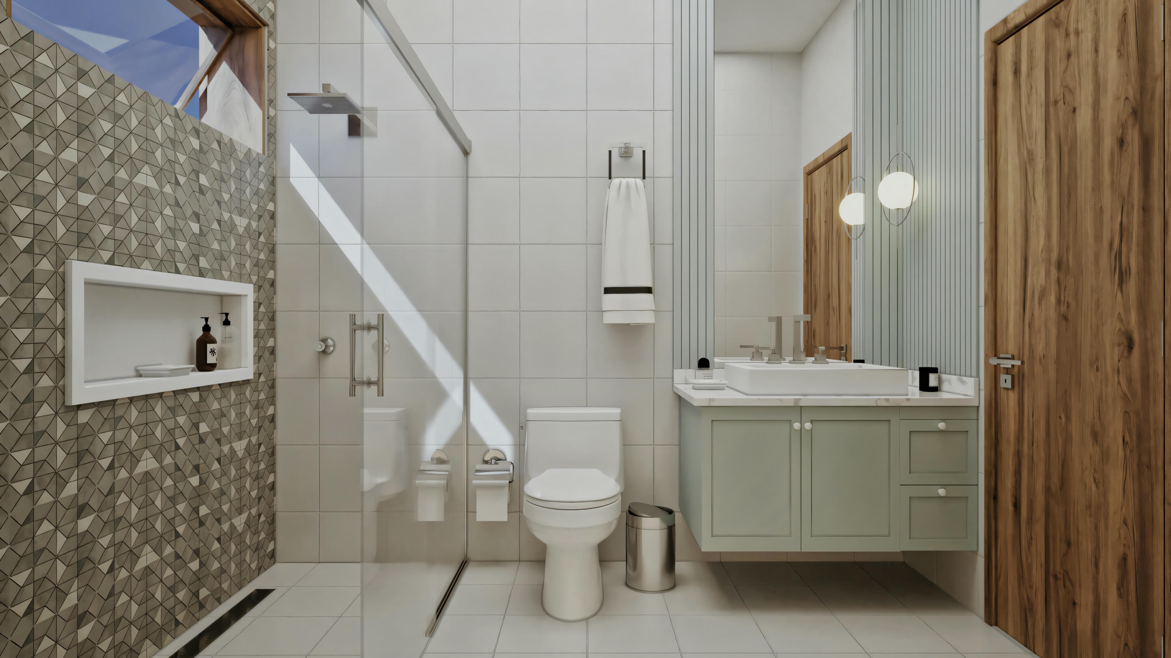 Un baño con inodoro, lavabo con espejo arriba y área de ducha con cortina blanca parcialmente cerrada.