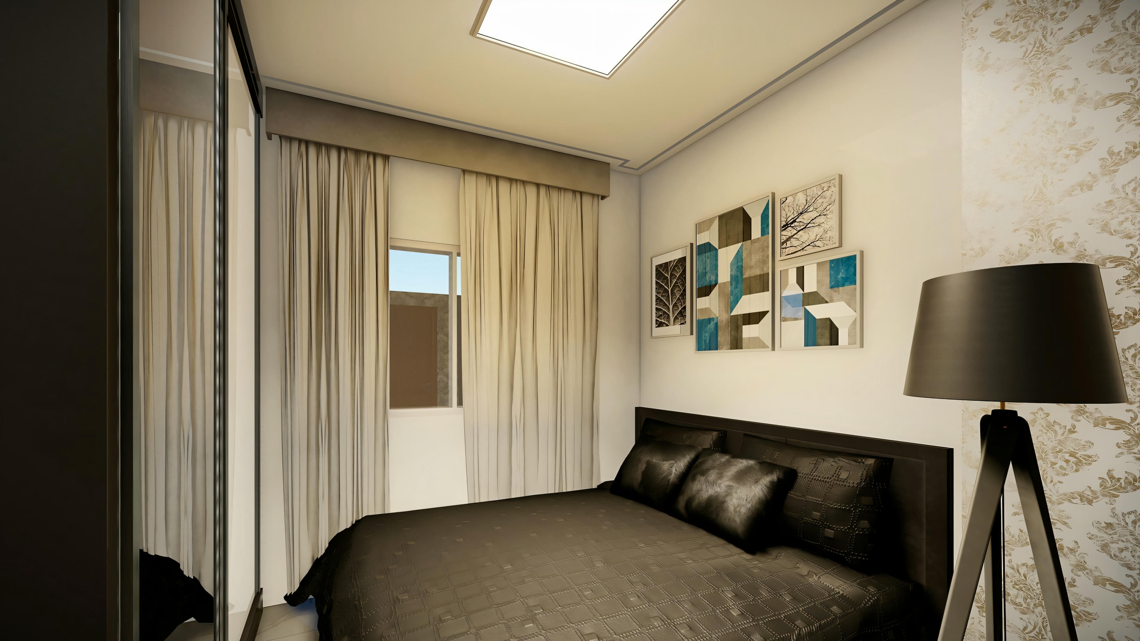 Bedroom with bed, nightstands, and wall art.