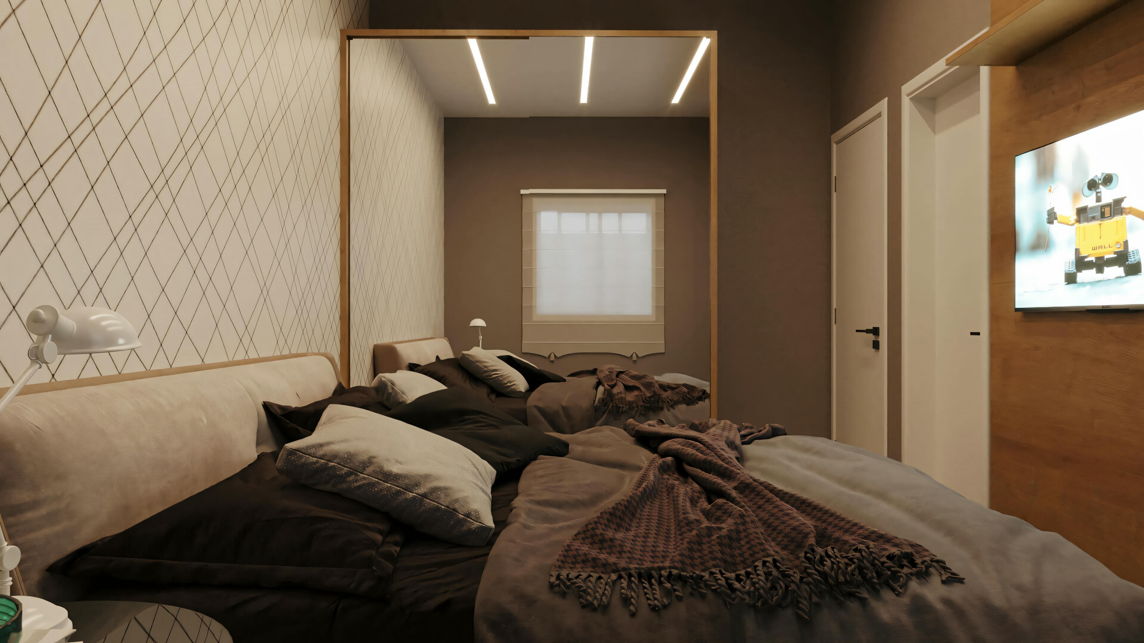 A bedroom with a large bed, two nightstands, lamps, and a framed artwork above the bed.