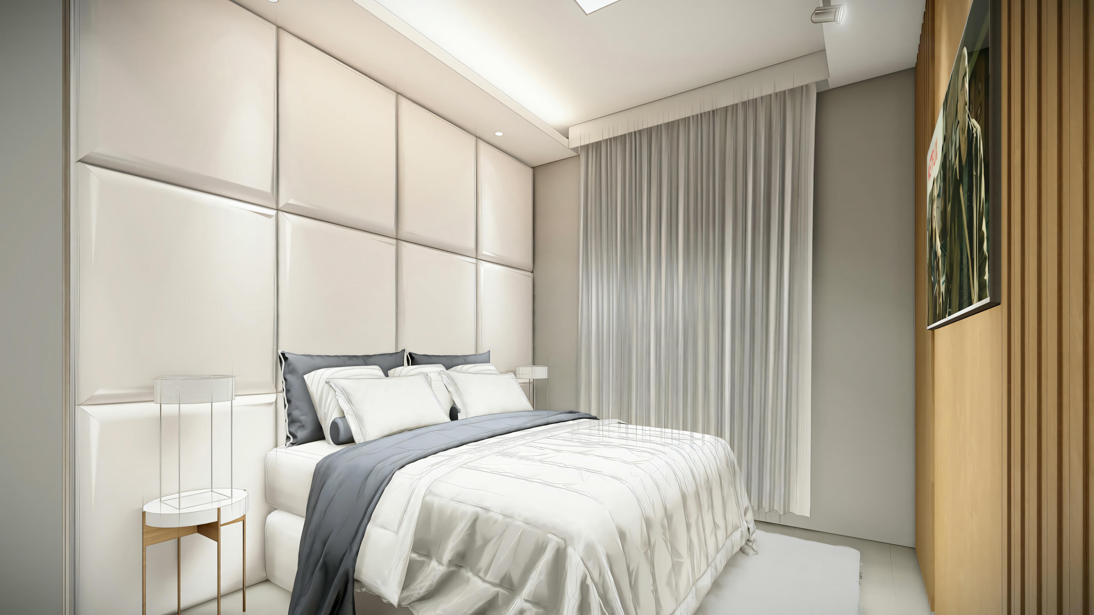 A bedroom with a blue and white color scheme bed, light wood flooring, white walls, and a large window with sheer curtains.