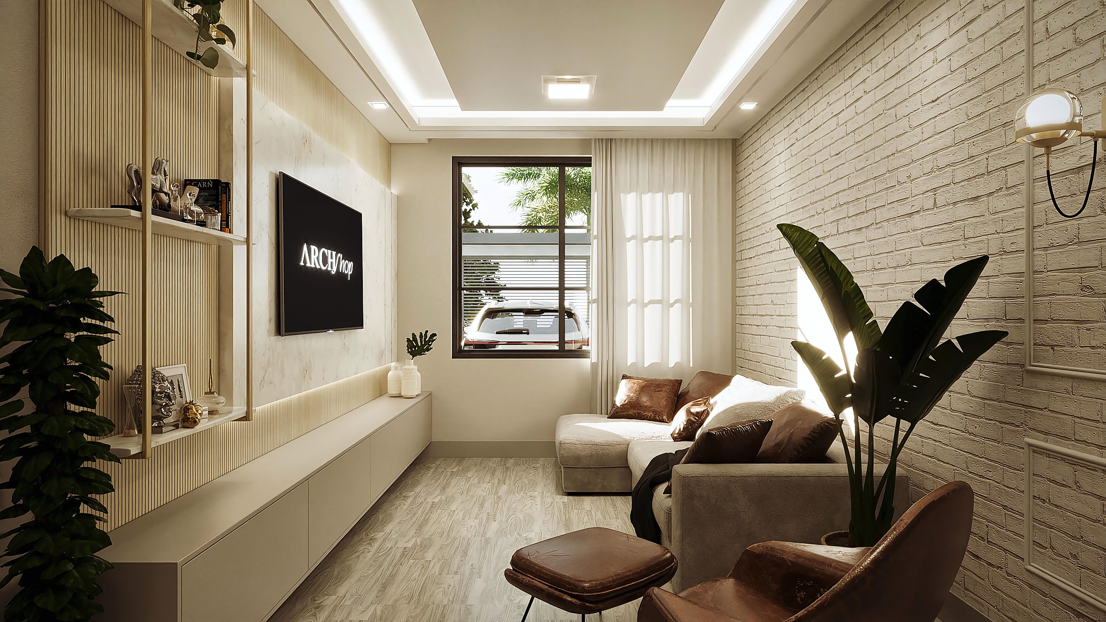 Sala de estar con pared de ladrillos blancos texturizados, sofá moderno y suelo de madera clara. Detalles en dorado y vegetación aportan calidez al ambiente.