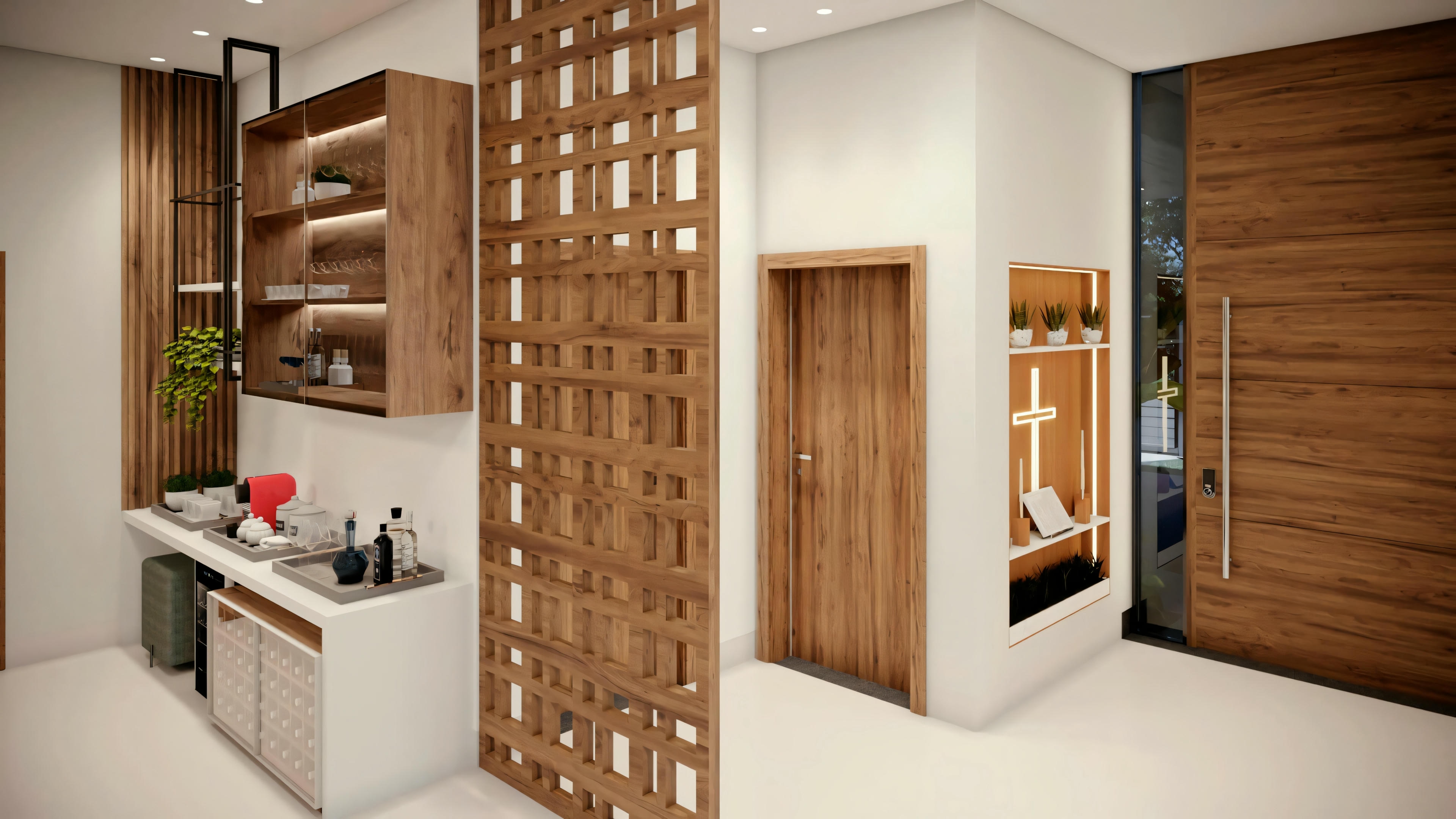 Renderización arquitectónica de una casa moderna con grandes ventanas, líneas elegantes y una mezcla de materiales como madera y hormigón.