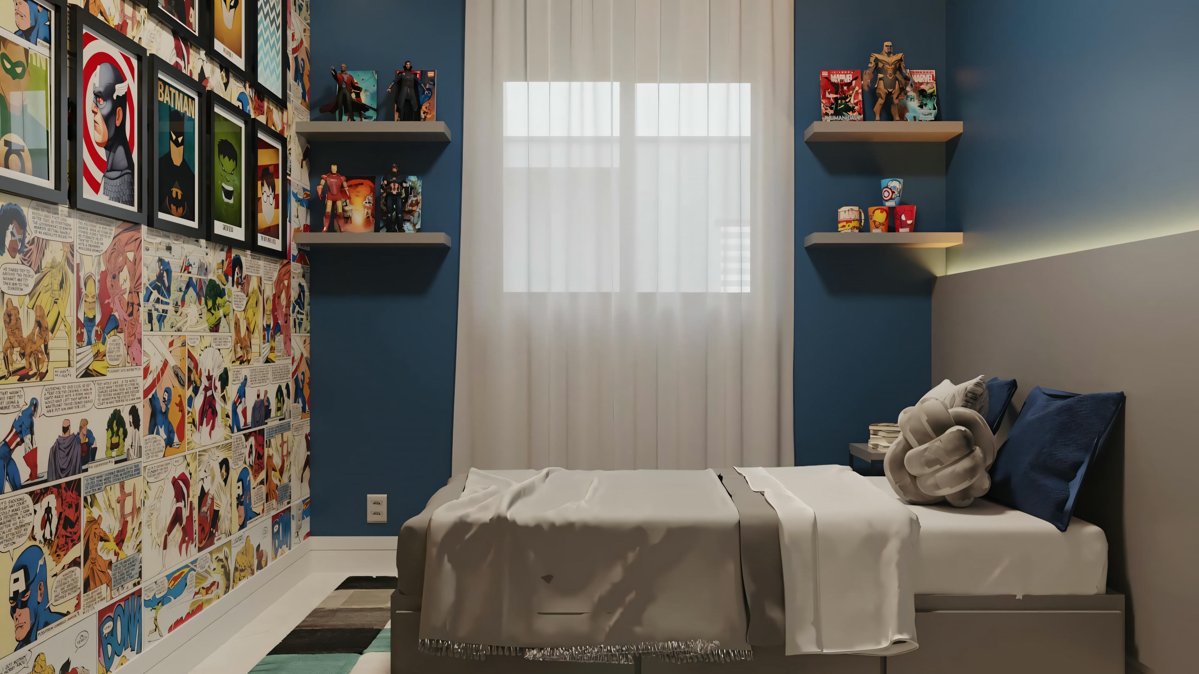 Room with a bed, shelves filled with books and toys, and a wall decorated with several framed photos.