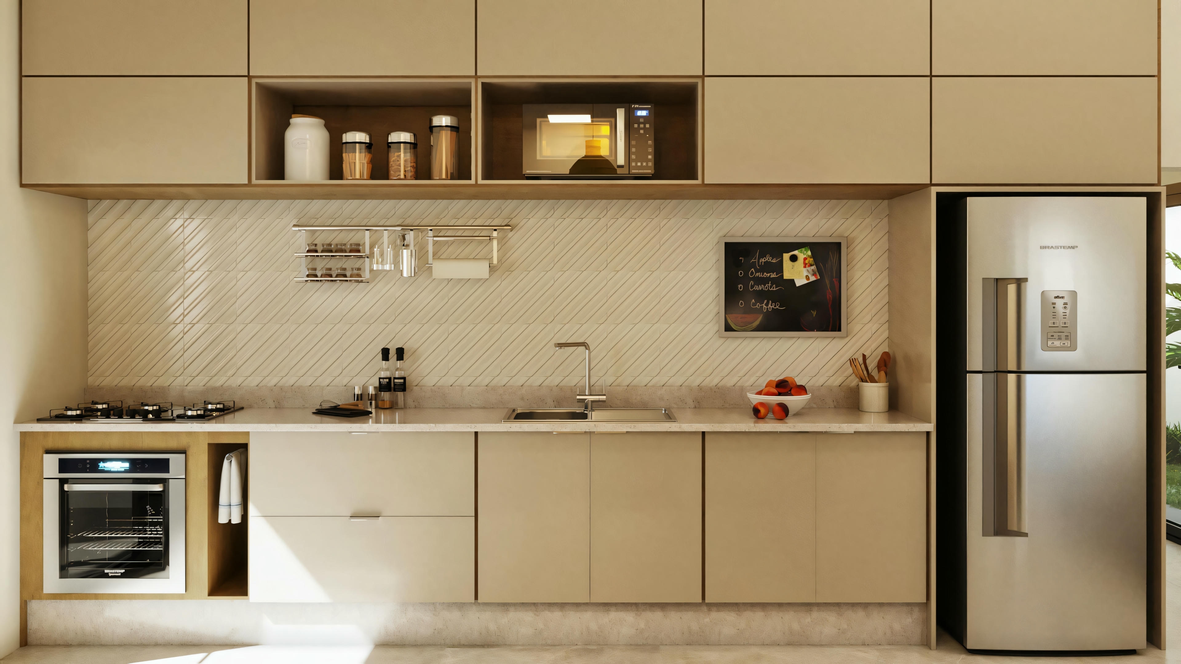 Cocina con armarios modernos, horno, microondas y vitrocerámica.