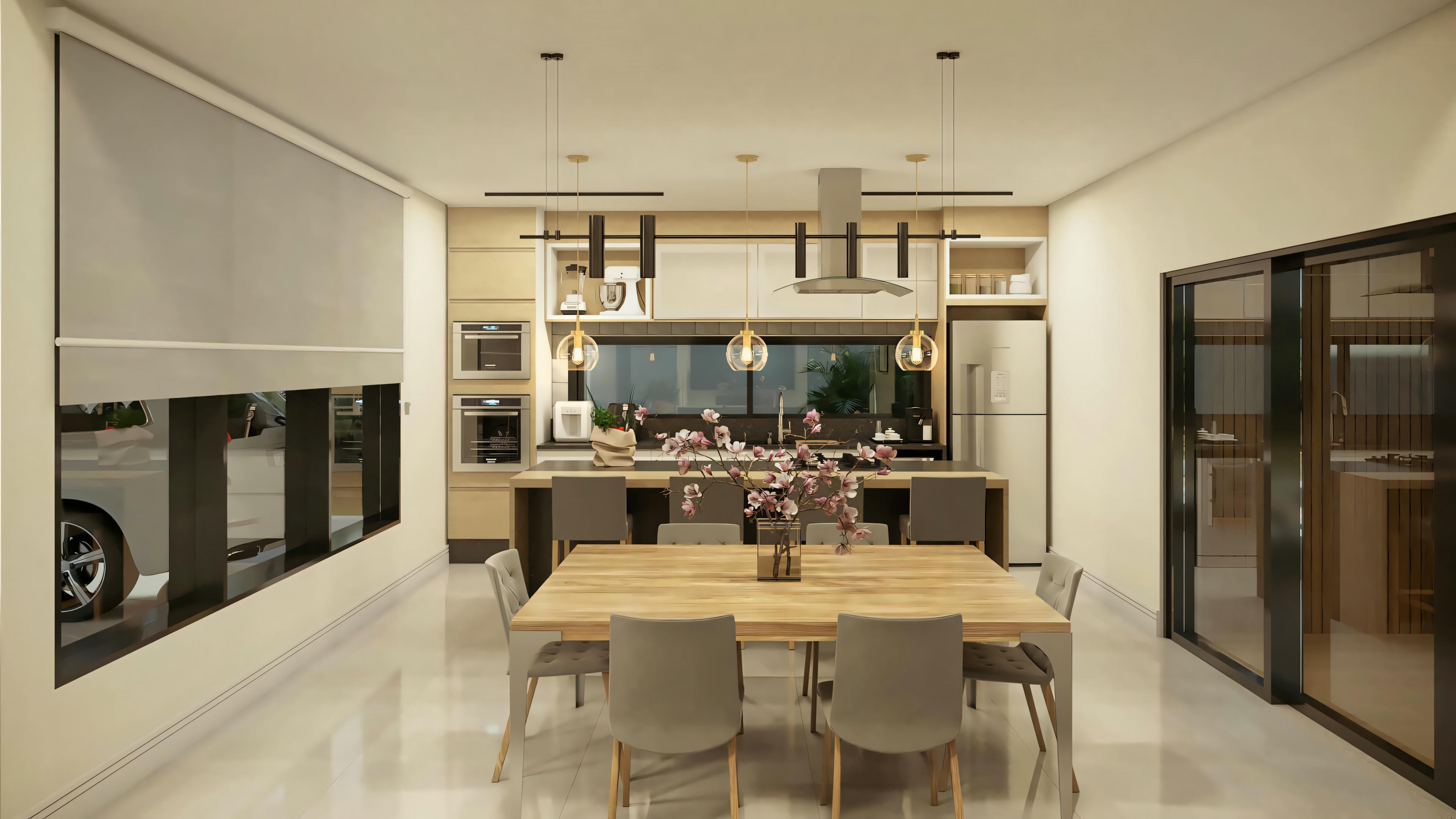 Espacio de comedor integrado a la cocina/área gourmet en proyecto de casa lista moderna. Mesa de comedor en madera, cocina planificada con encimera, iluminación colgante y acceso al área exterior.