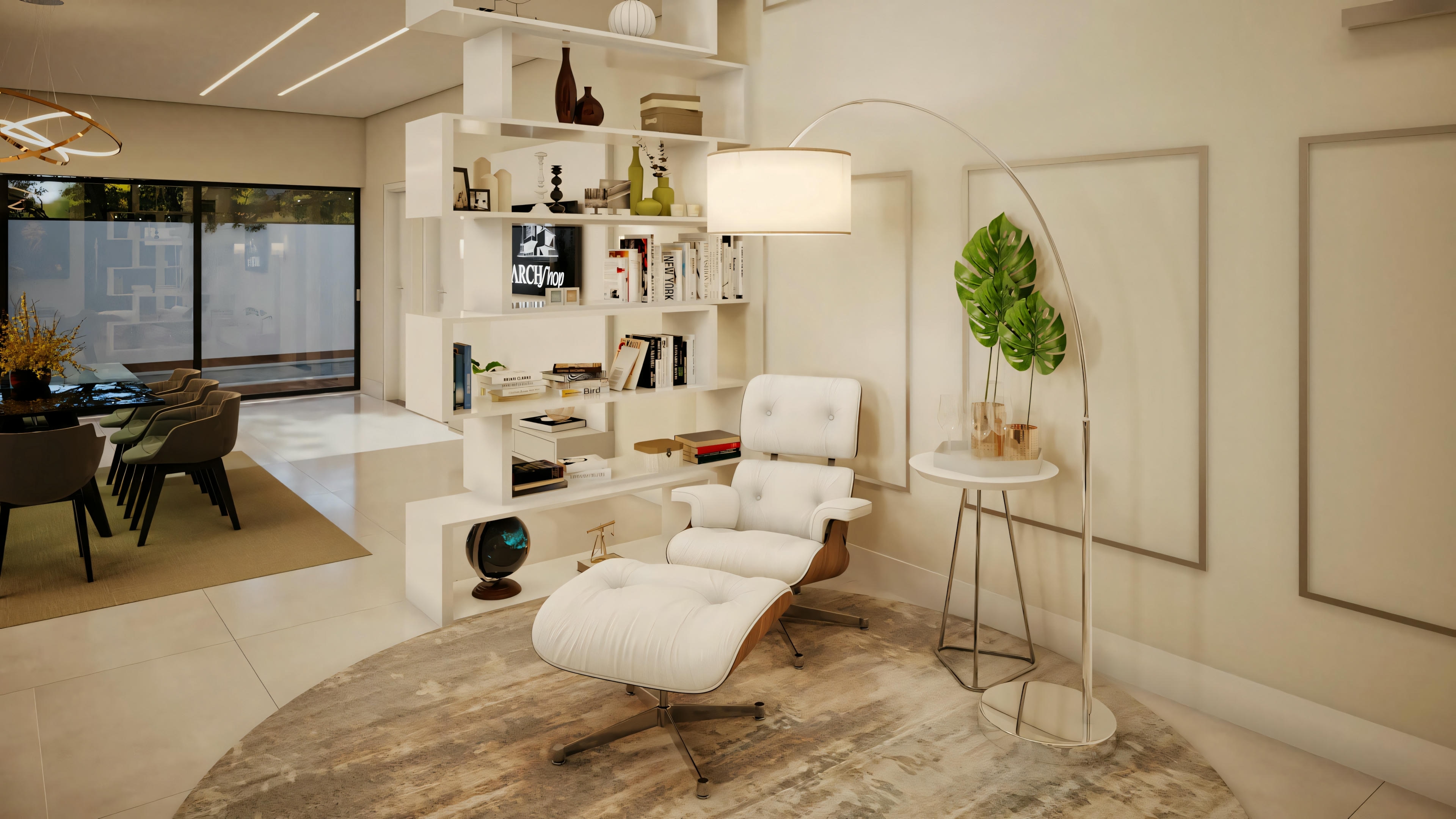 Corredor de circulación interna en proyecto de casa de planta baja con 3 suites; piso en porcelanato oscuro, puertas de madera, pared decorativa e iluminación embutida en el techo.