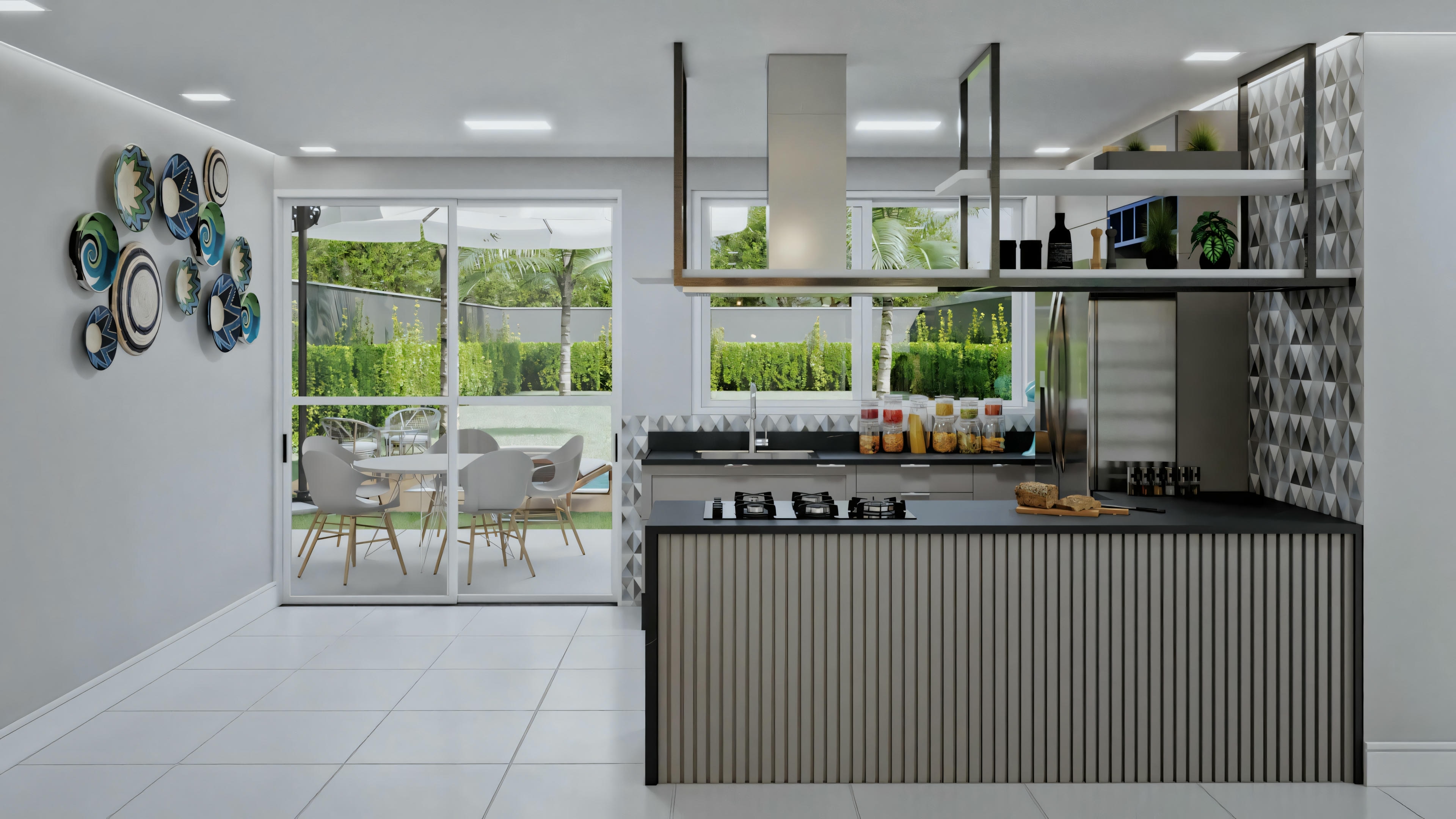 Cozinha contemporânea com ilha central, armários escuros e iluminação pendente.