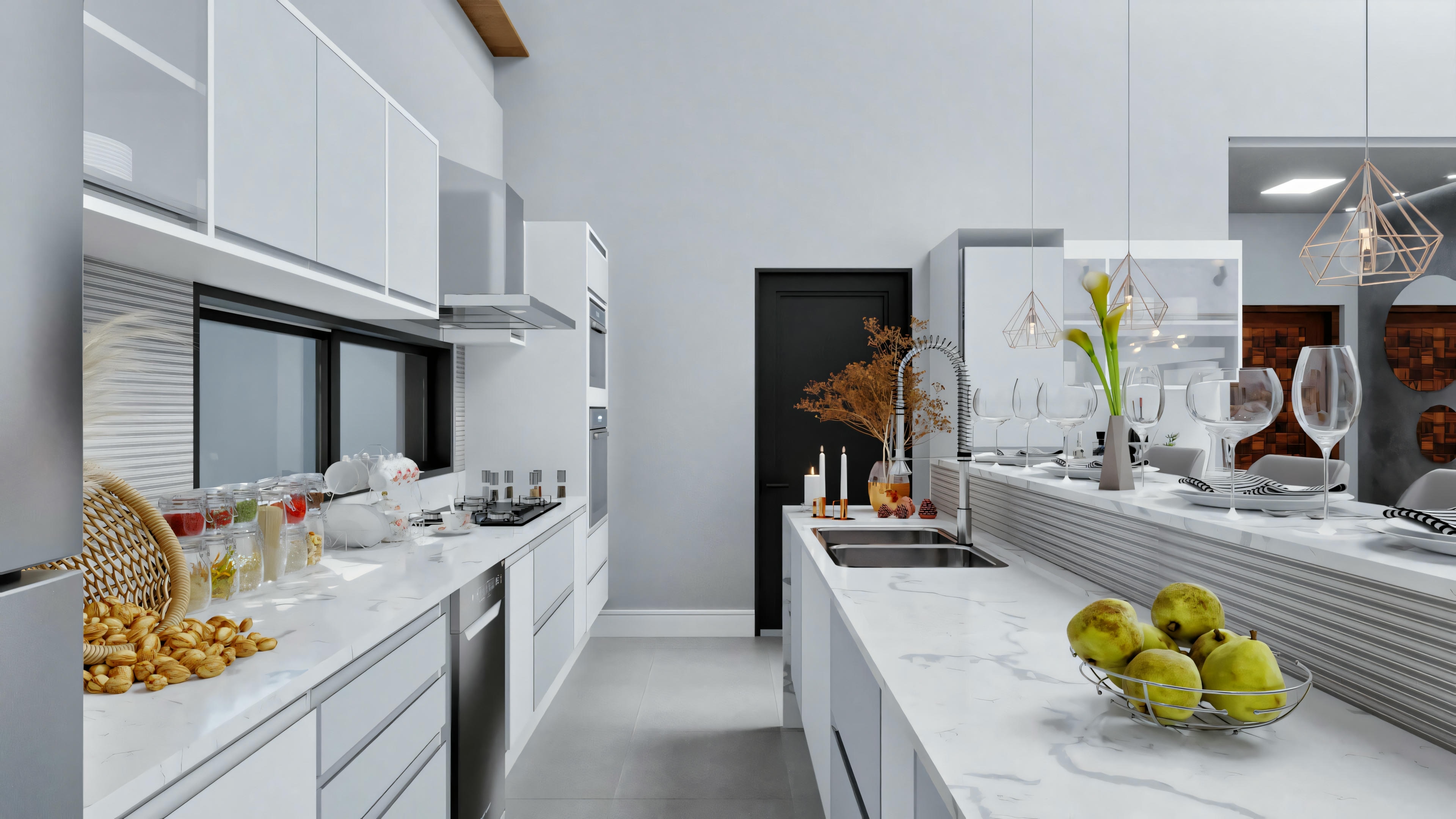 Uma cozinha moderna com armários brancos, eletrodomésticos de aço inoxidável e bancada com itens variados, incluindo frutas e um vaso com flores.