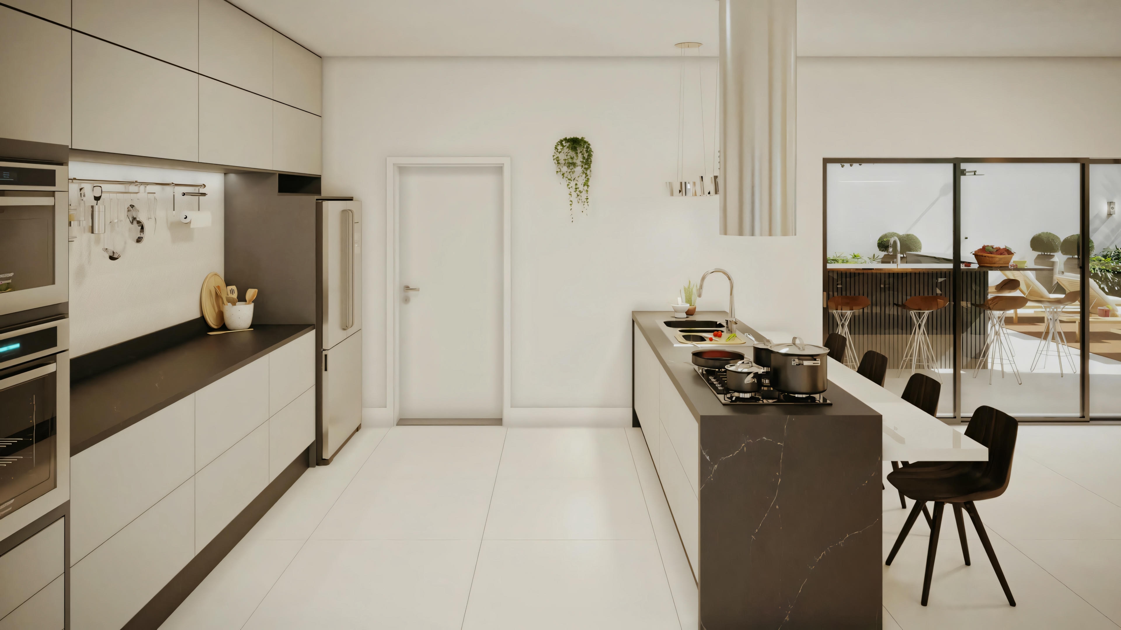 Cozinha moderna com bancadas brancas, armários escuros e ilha com banquetas.