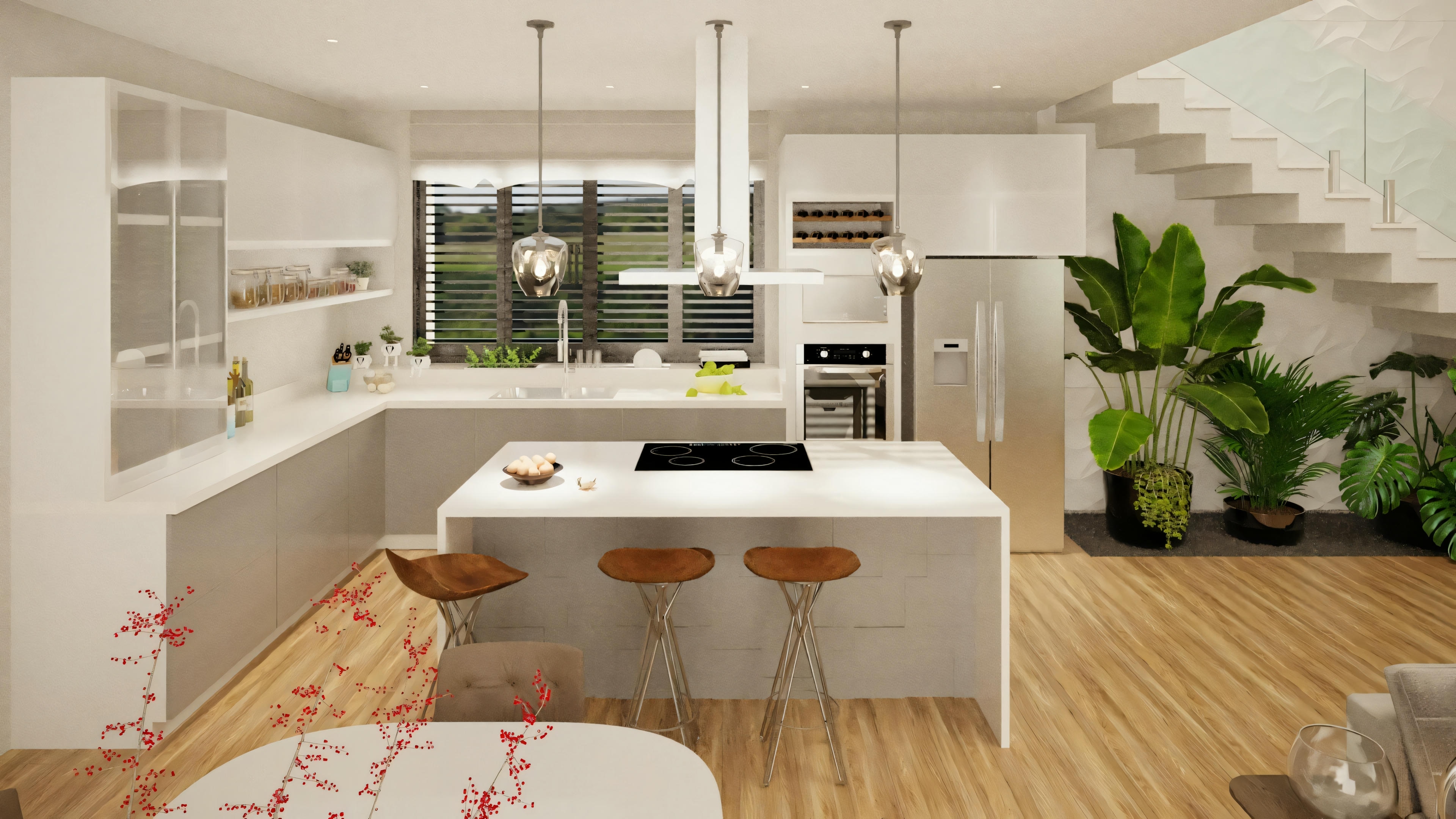 Uma cozinha moderna com armários brancos, ilha central com banquetas, eletrodomésticos de aço inoxidável e uma escada que leva ao andar superior.