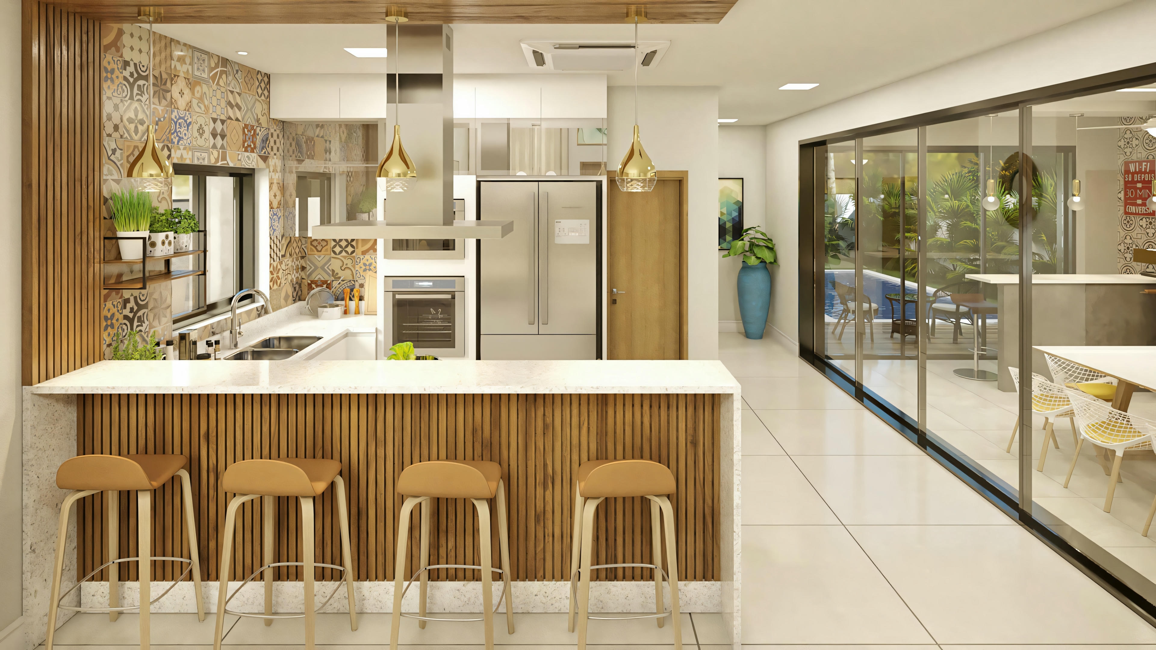 Cozinha moderna com banquetas alinhadas em um balcão longo, eletrodomésticos modernos e armários extensos.