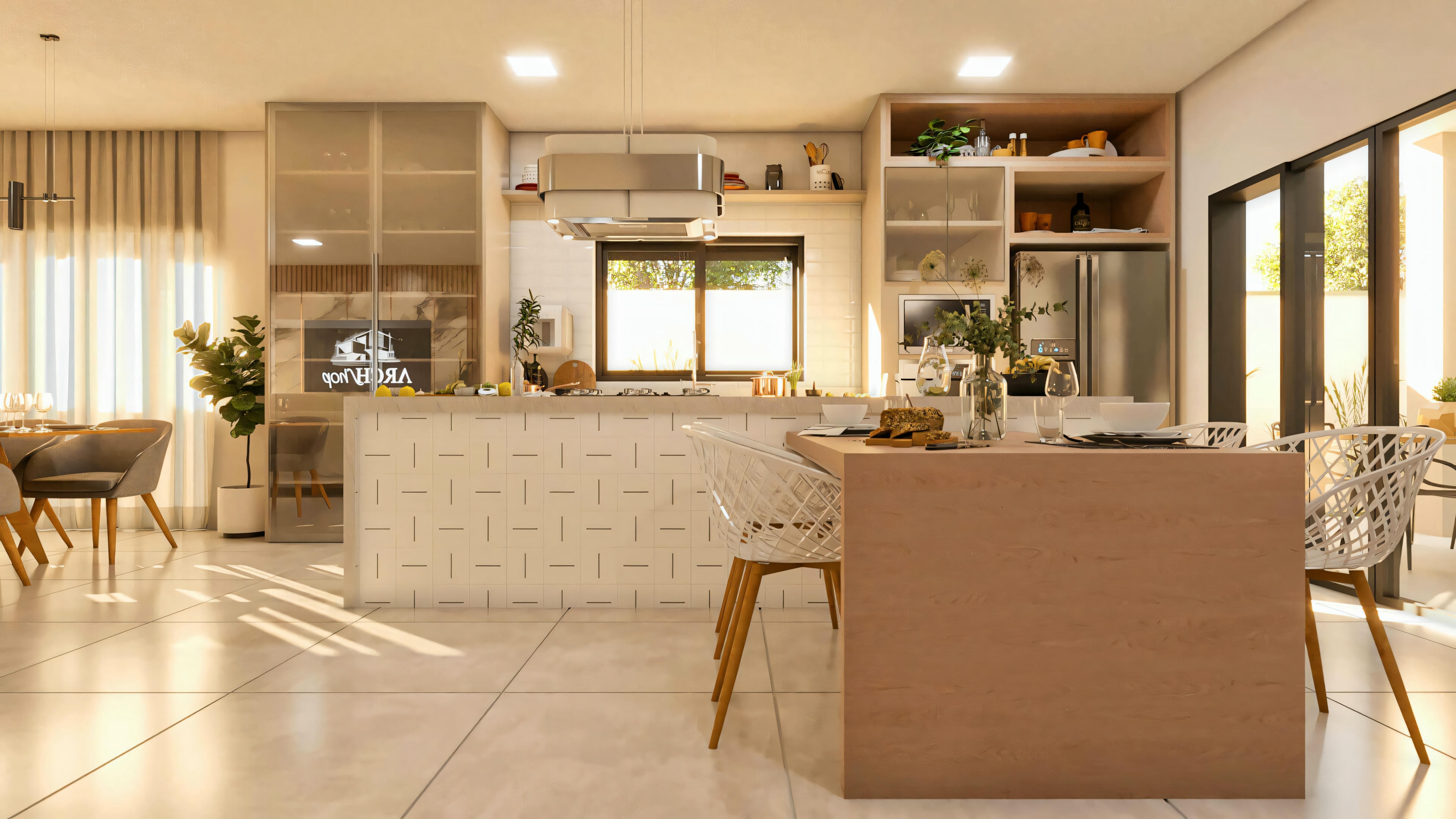 Cozinha moderna com ilha e mesa de jantar integrada no sobrado 10x25. Armários planejados, bancada clara e acesso à área externa gourmet. Projeto funcional em terreno 10x25.