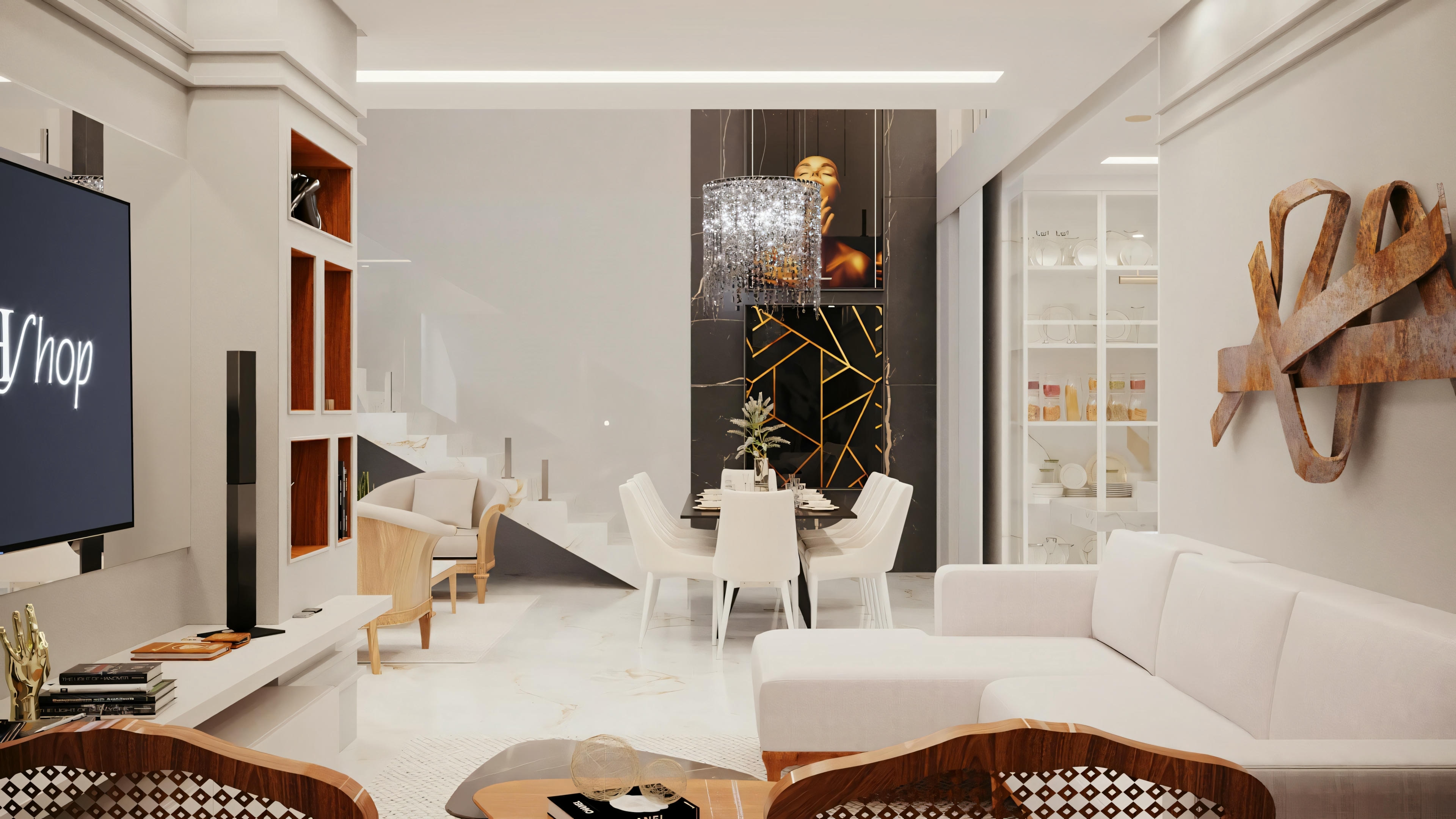 Uma cozinha moderna com móveis brancos, acabamentos em madeira e plantas decorativas, criando um ambiente acolhedor e estiloso.