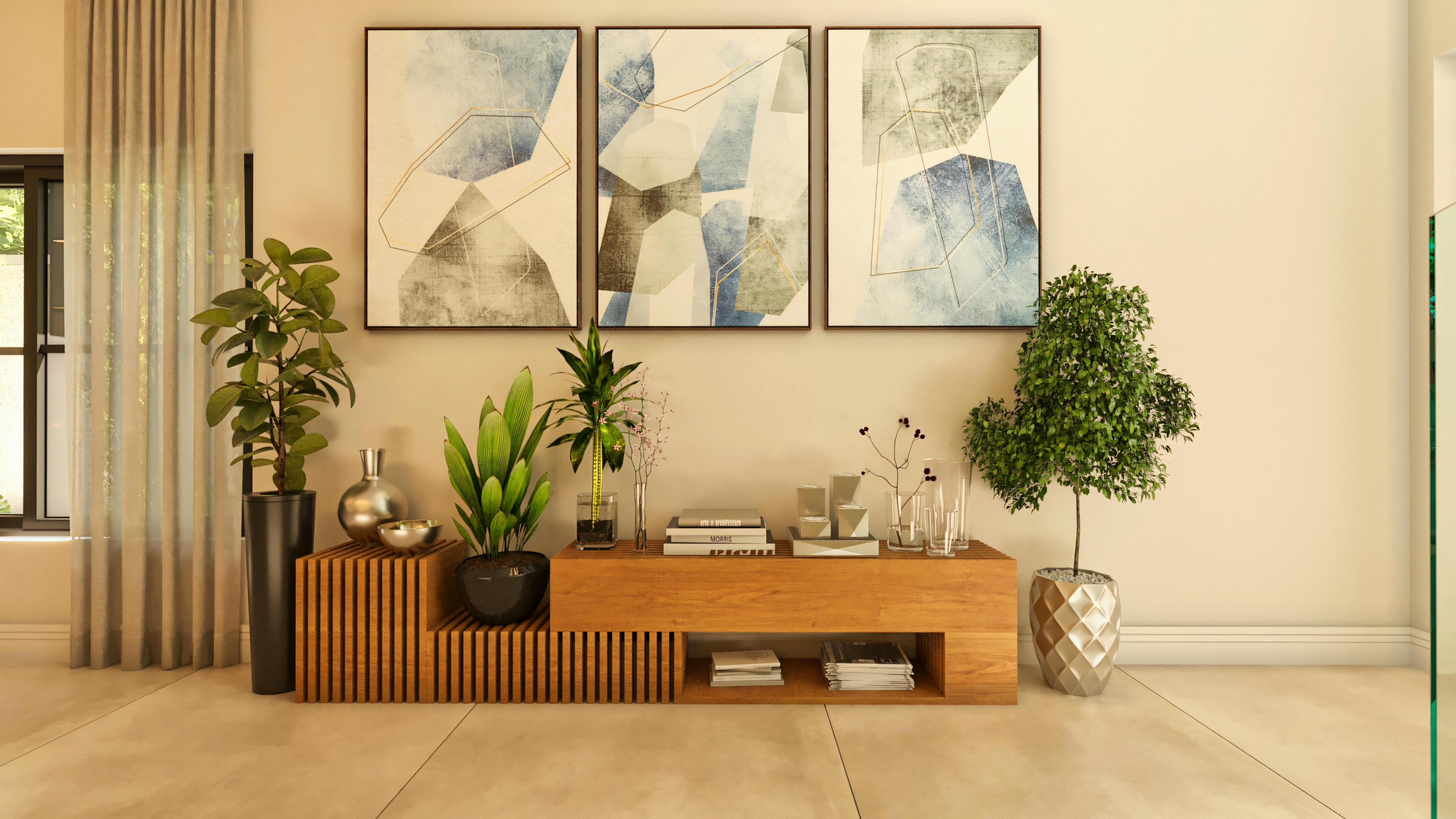 Close-up de la decoración sobre aparador de madera en interior de casa de dos plantas moderna. Detalles incluyen plantas variadas, libros, objetos y trío de cuadros abstractos, componiendo un ambiente elegante.