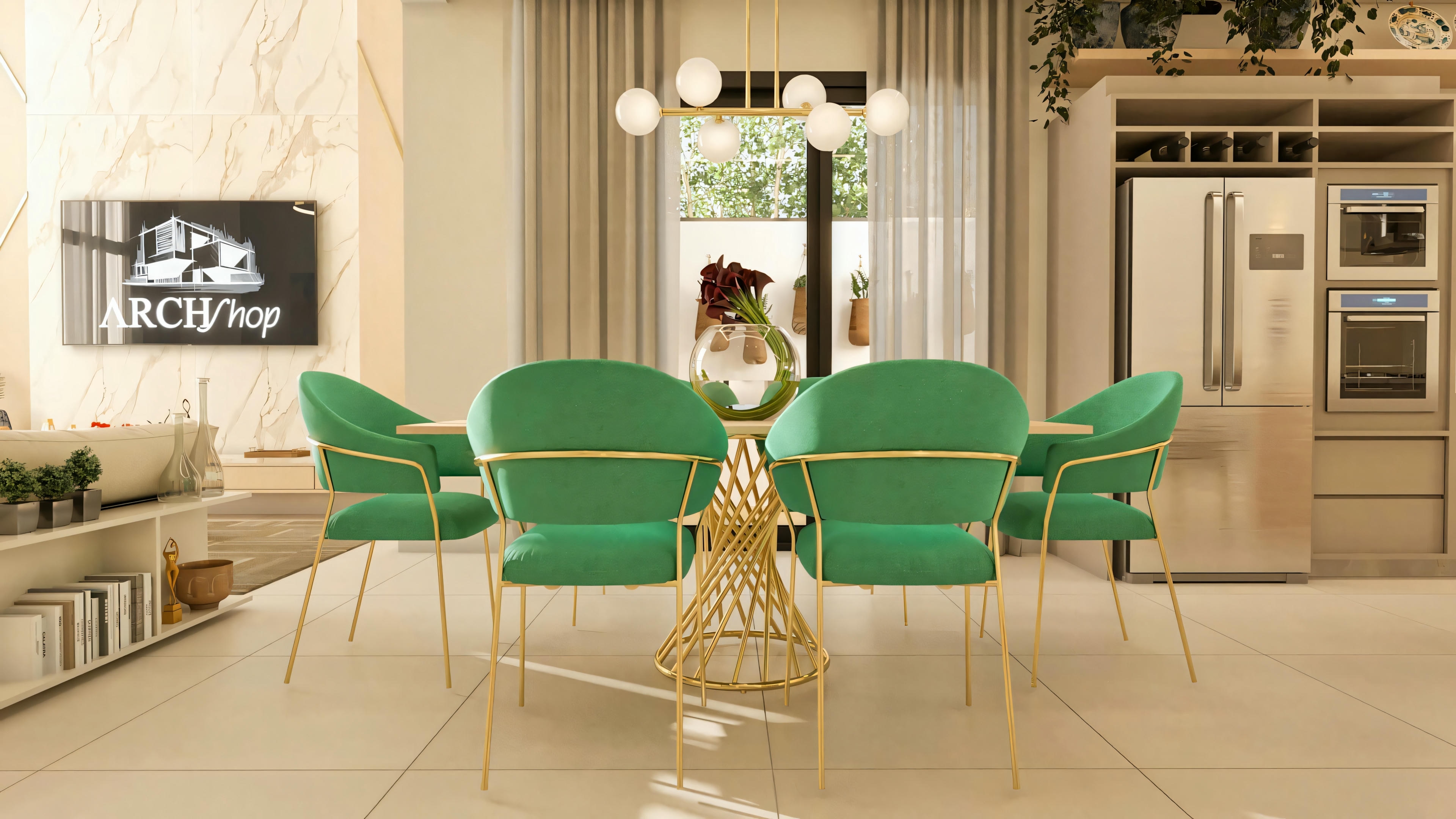 Modern dining room in a ranch house with 3 suites, integrated with the kitchen and living room. Round table with golden base, green velvet upholstered chairs, modern pendant, and cabinets with built-in appliances in the background. 196m² project.