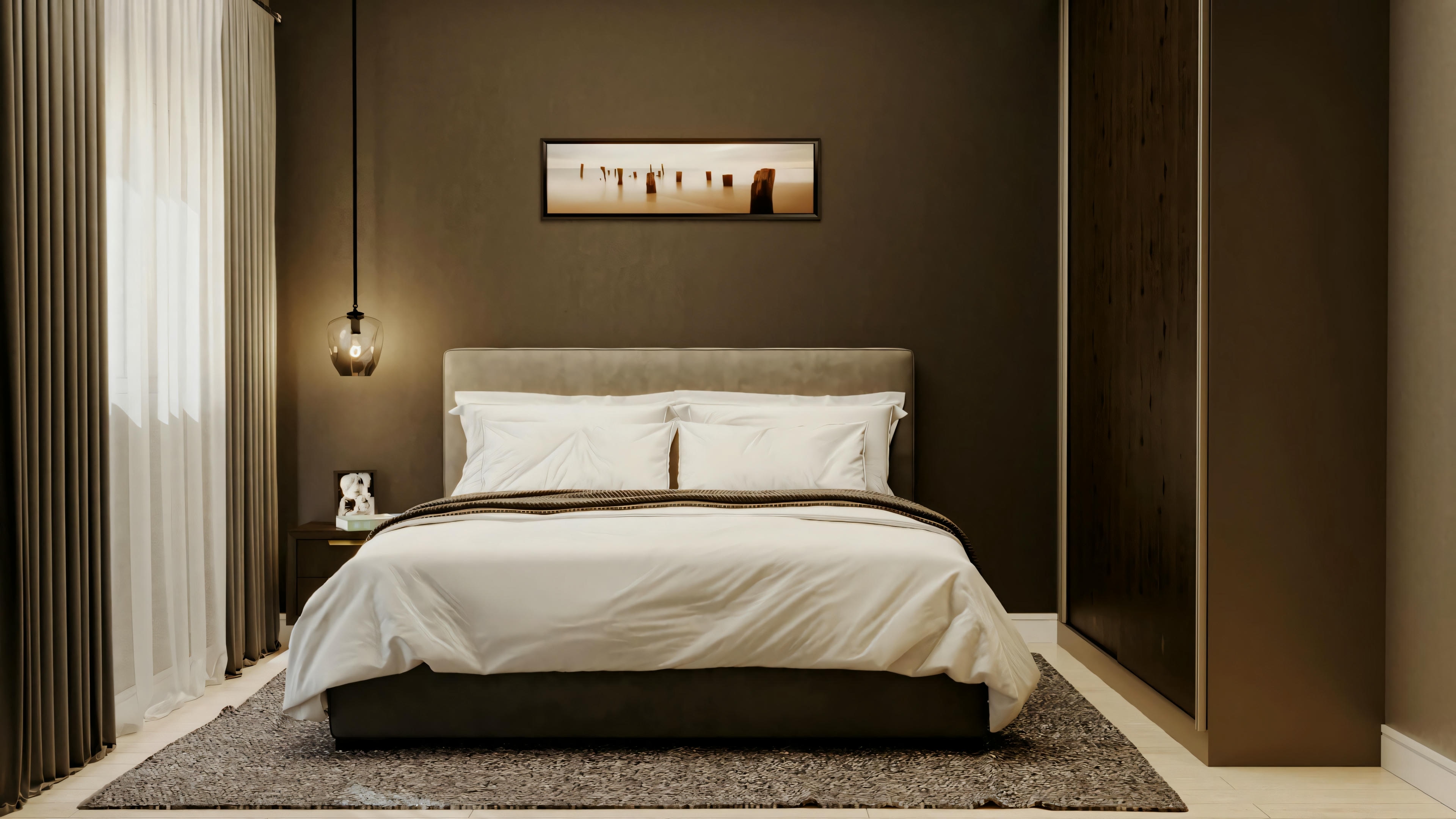 Un dormitorio con cama, mesitas de noche y lámparas, iluminado con luz cálida para crear una atmósfera acogedora.