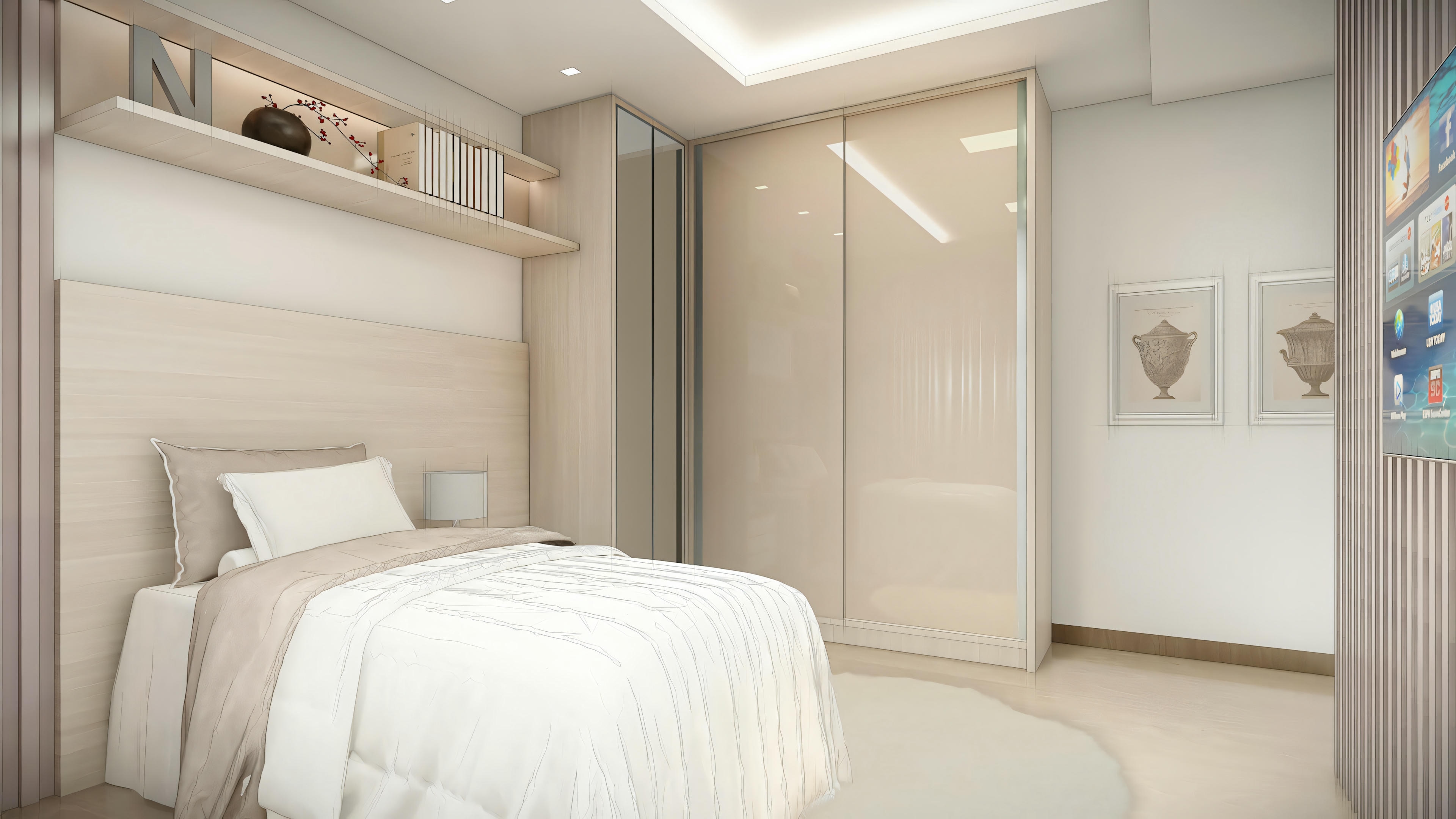 Dormitorio con cama, mesitas de noche y decoración minimalista.