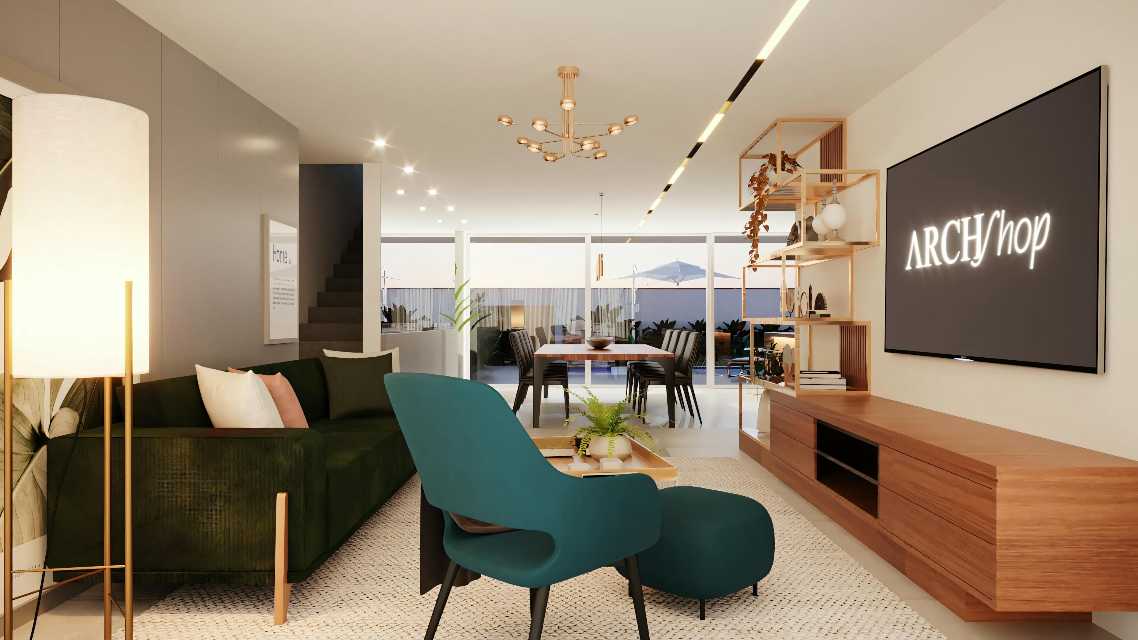 Representación de un dormitorio moderno con cama grande, cabecera tapizada y decoración minimalista.