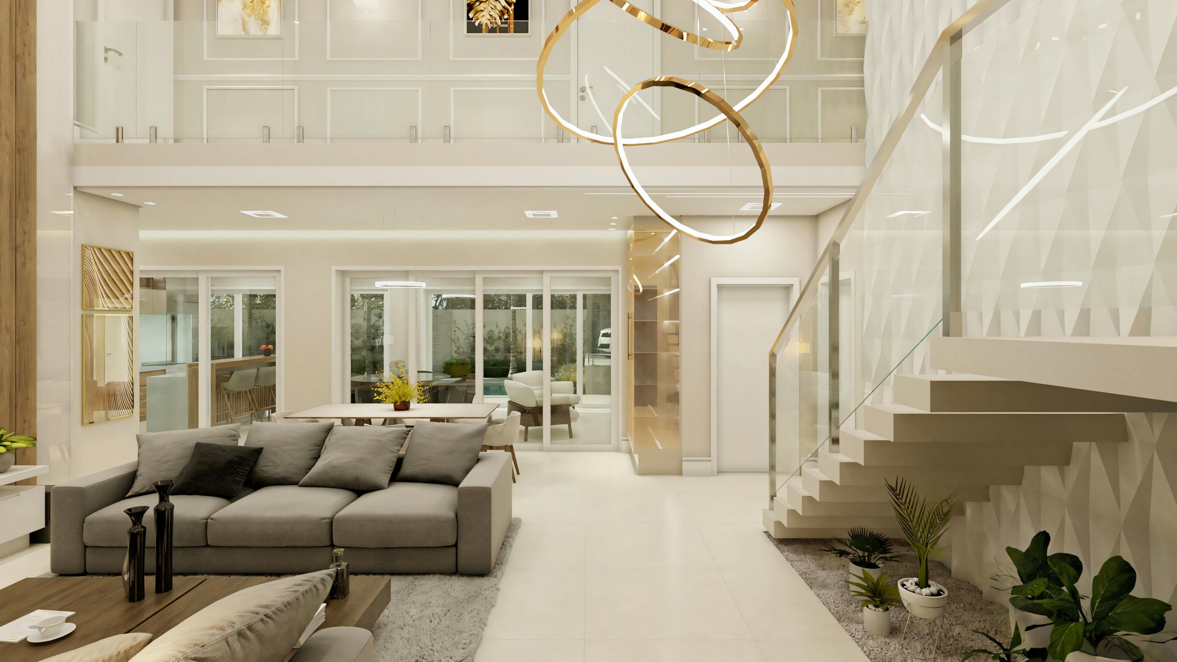 An elegant living room with sofas, coffee table, and an ornate chandelier.