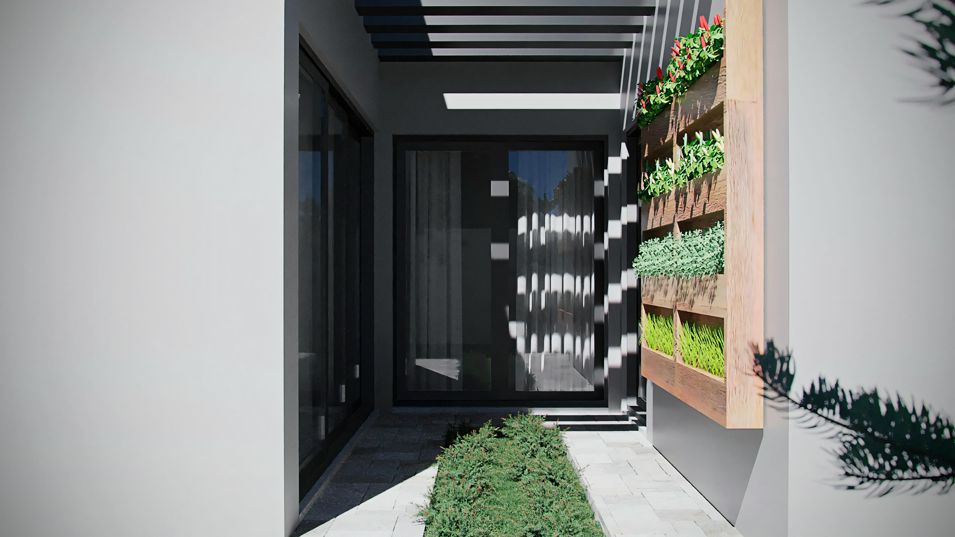 Entrada de una casa moderna con puerta y pared cubierta por follaje verde.