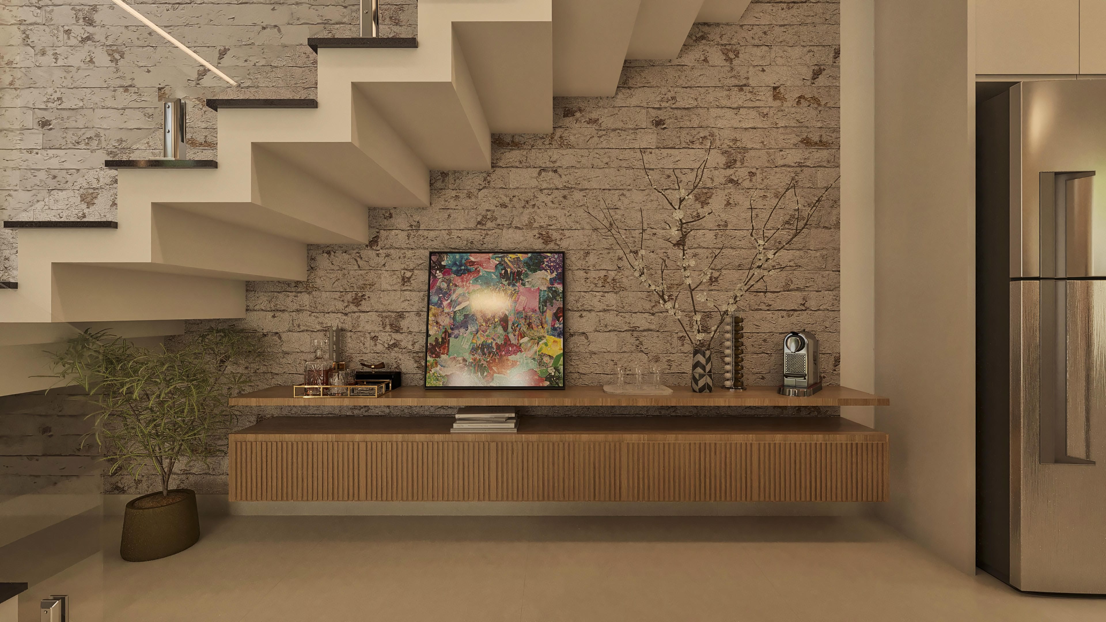 Interior de casa de dos pisos moderna con escalera suspendida, pared con revestimiento en piedra y mueble planejado en madera.
