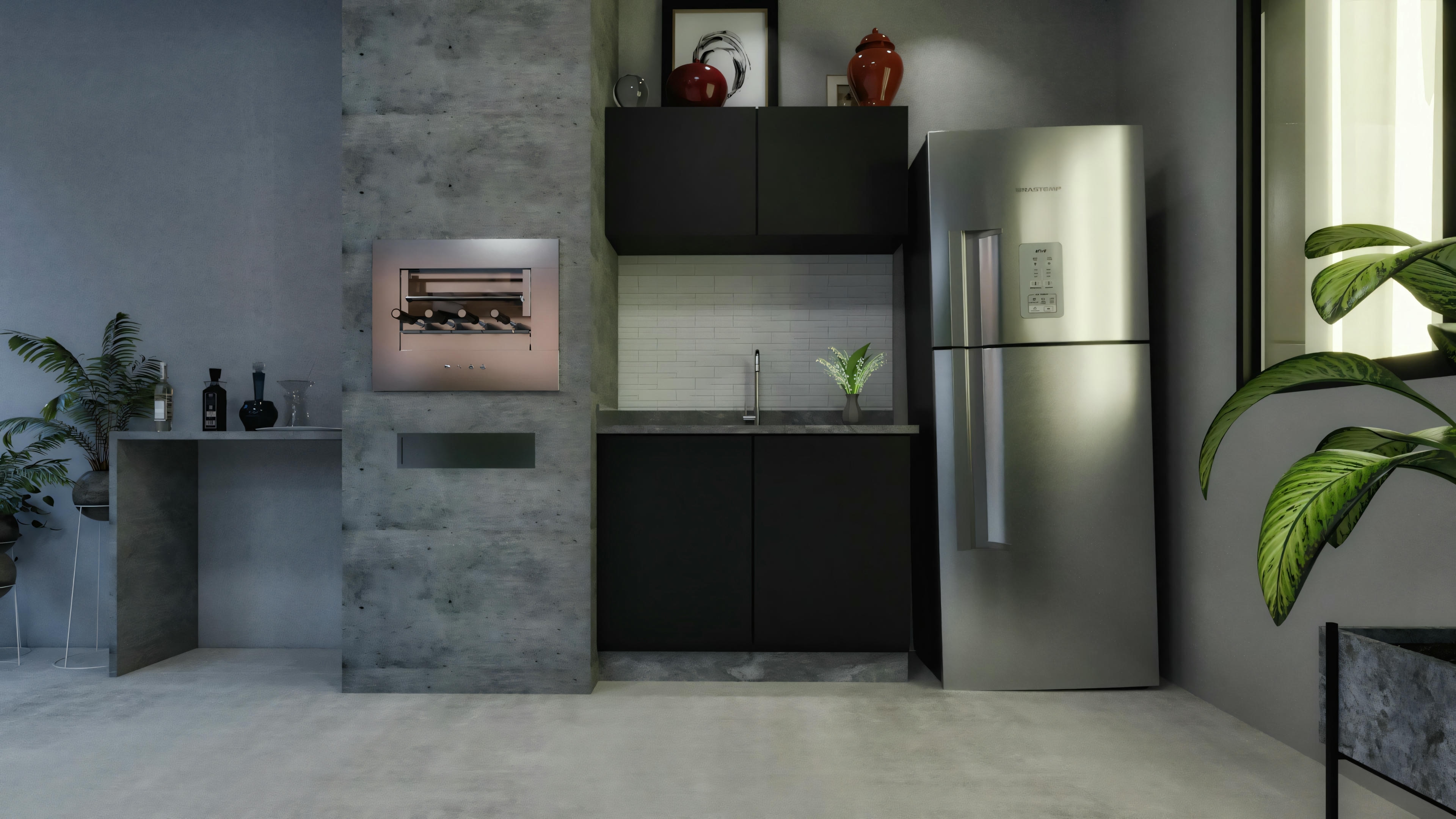 Espaço interior com prateleiras, televisão e plantas decorativas.