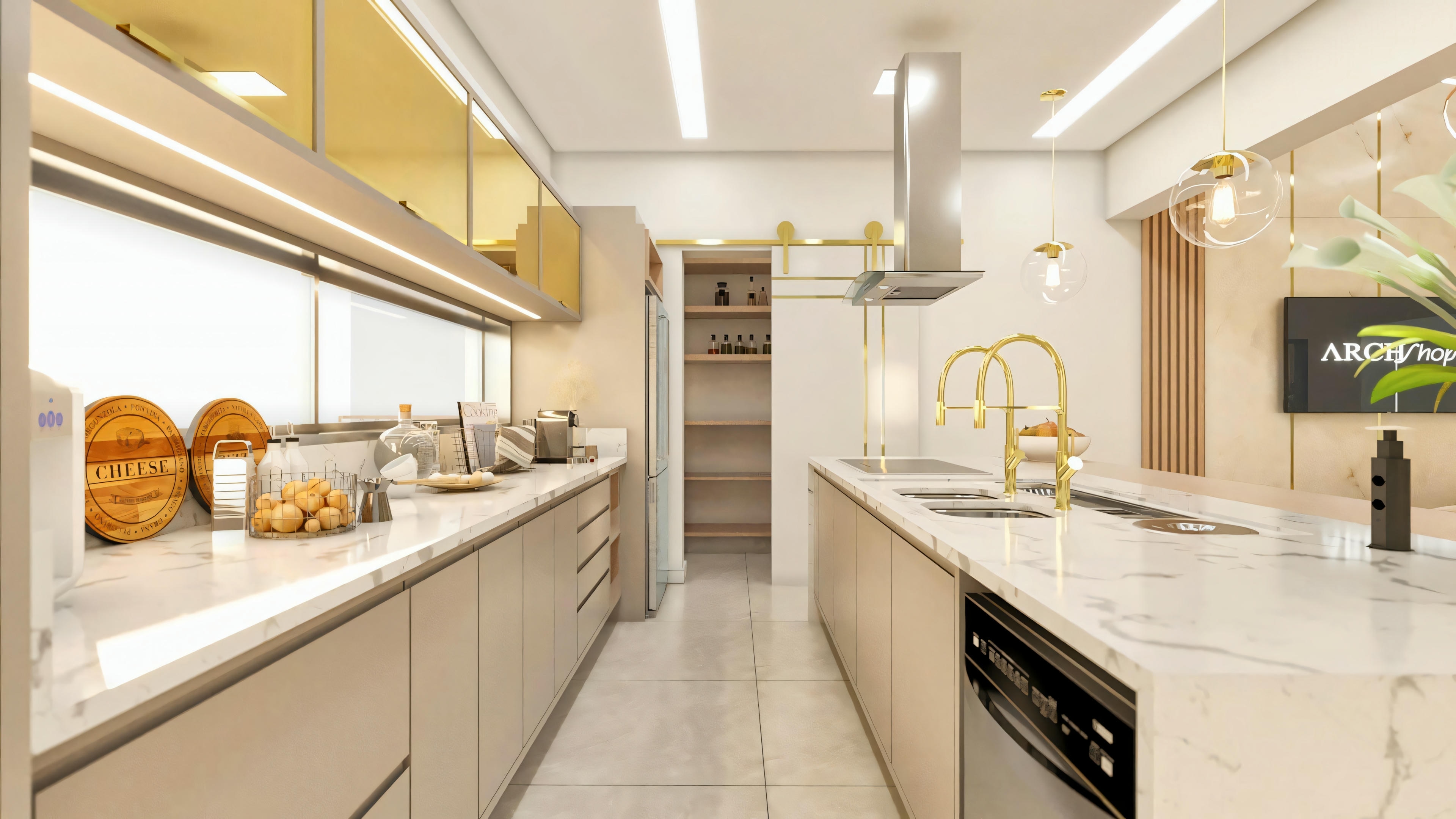 Cozinha gourmet planejada em projeto residencial de luxo, com bancadas em mármore, armários modernos, coifa, e eletrodomésticos integrados.