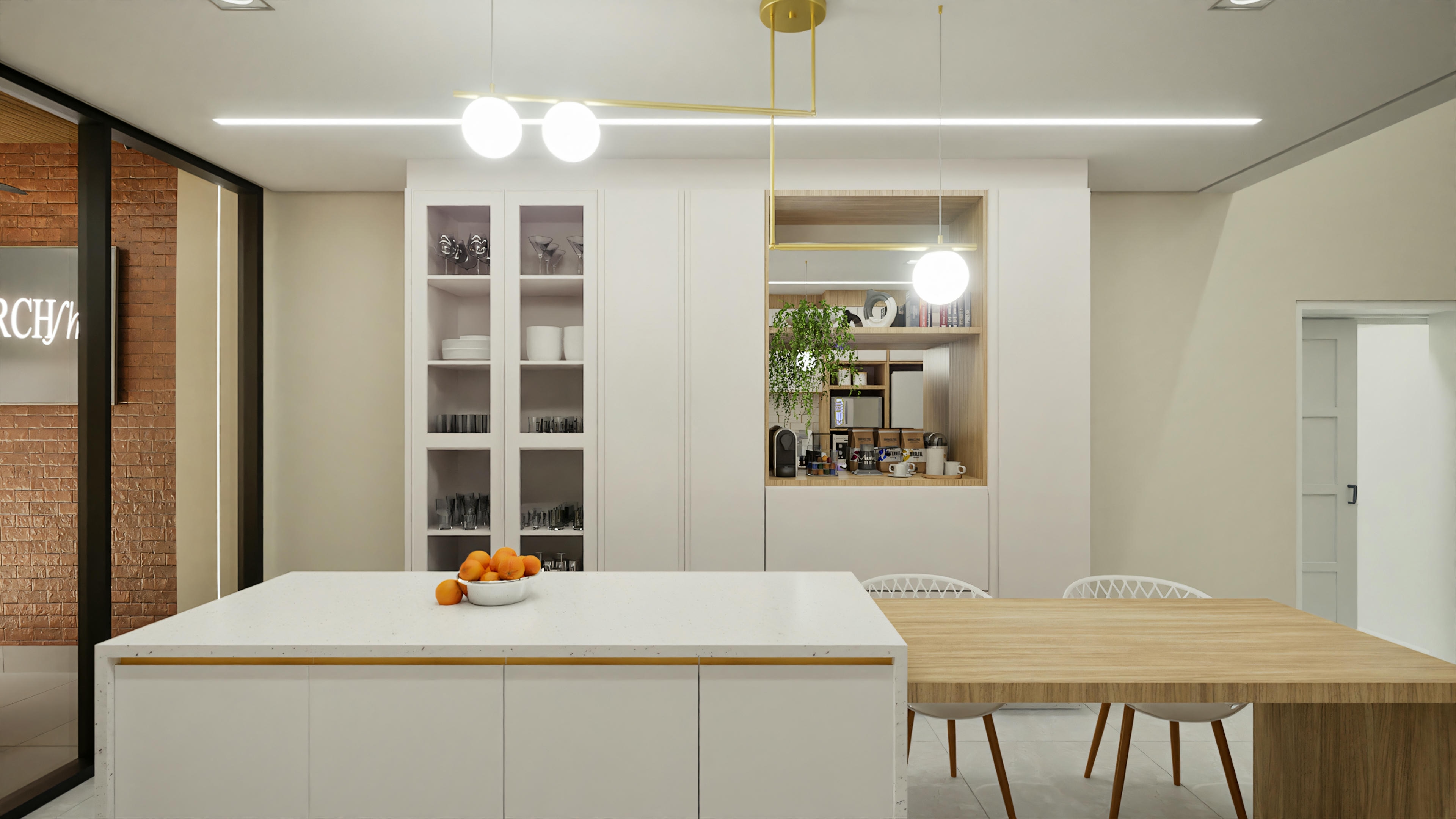 Kitchen with light counter and wood.