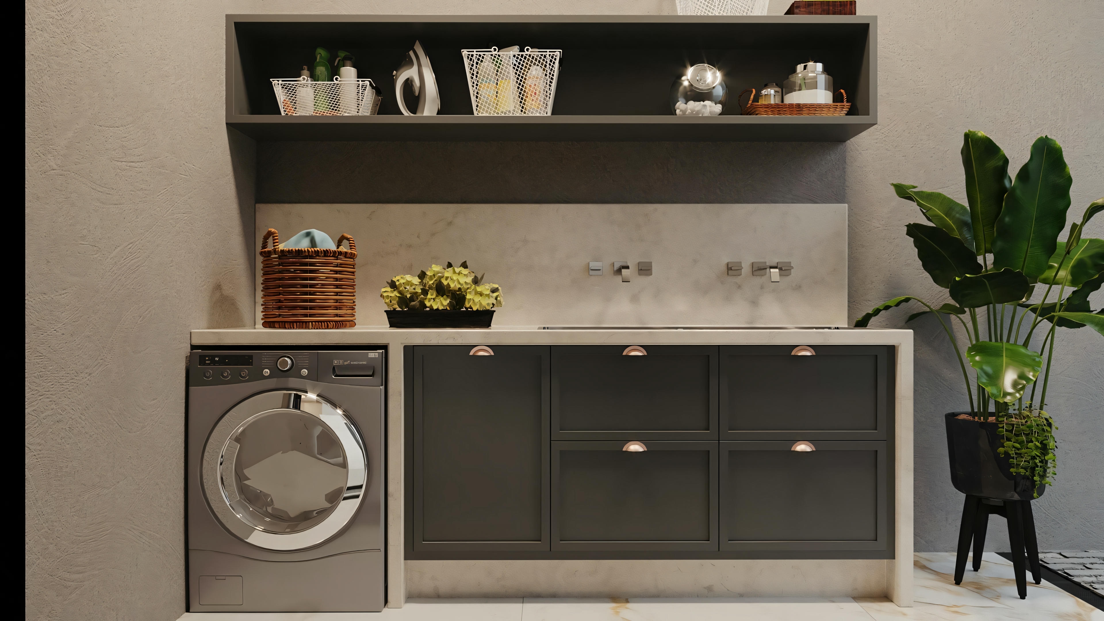 An interior room with a washing machine built into a gray cabinet, shelves above containing various items like towels, containers, and decorative objects.