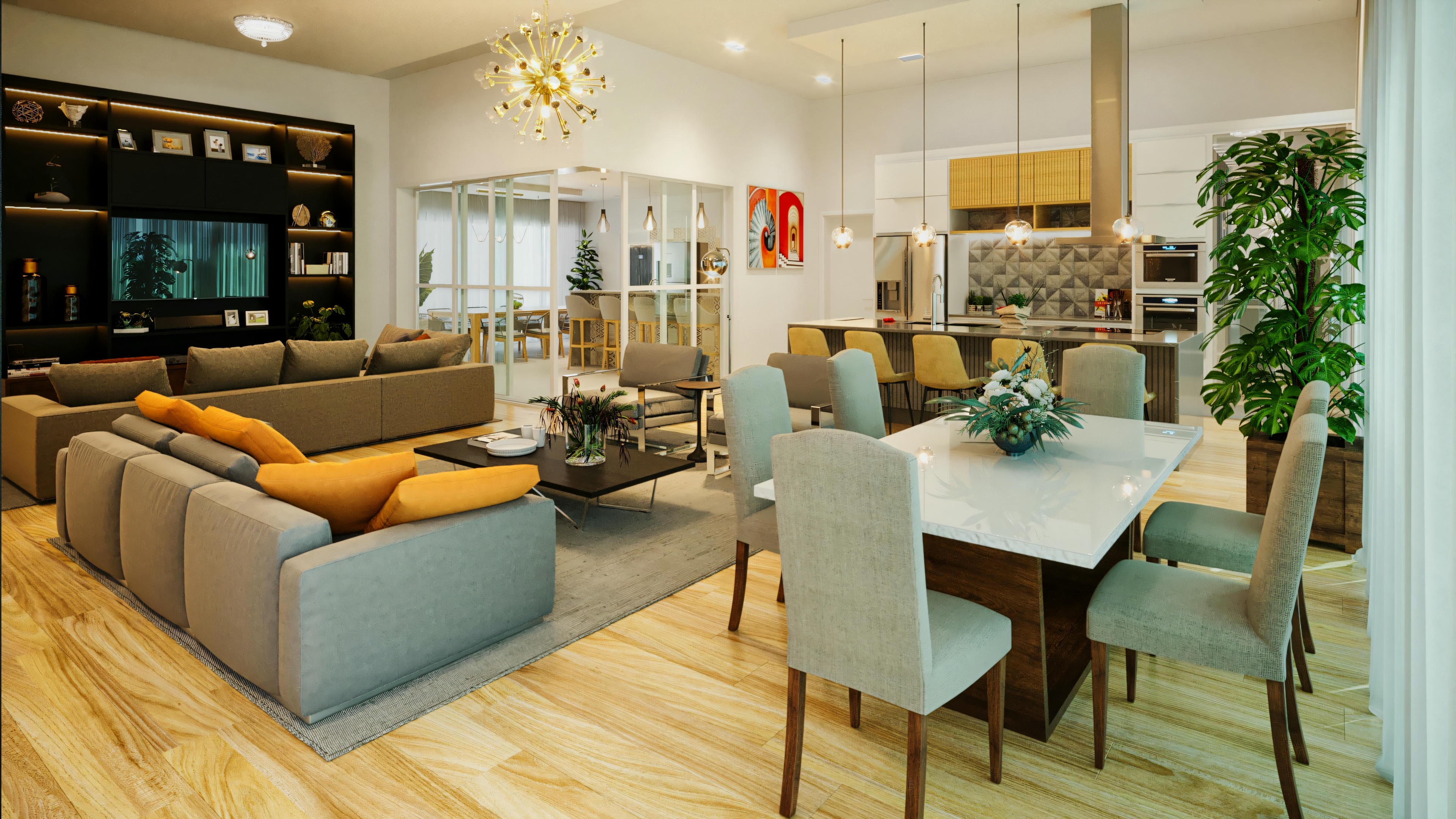 Ambiente social espaçoso e integrado em casa com 3 suítes, piscina e área gourmet. A imagem exibe a sala de estar com móvel para TV, sala de jantar e cozinha gourmet com bancada, demonstrando a fluidez da planta de casa com 3 suítes e área gourmet, que também conta com escritório.