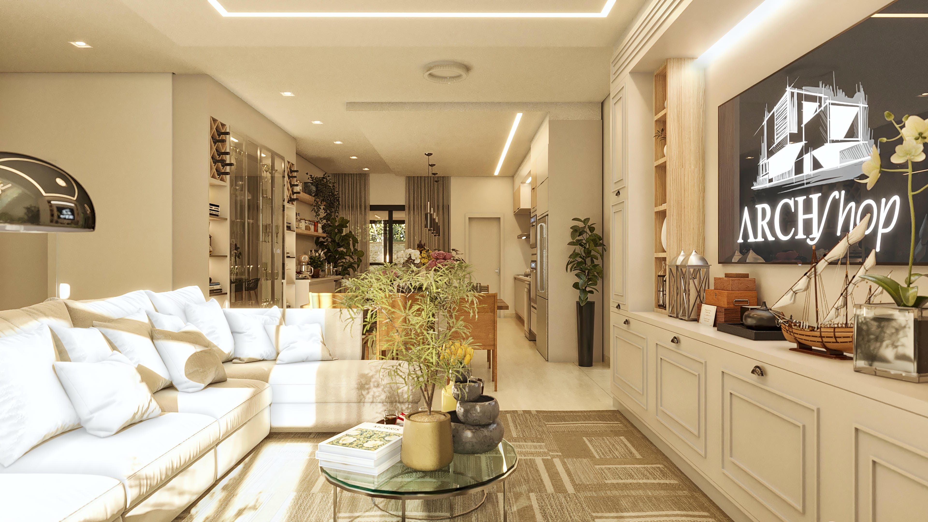 Interior of a two-story house with a cozy living room, recessed lighting, light-colored furniture, and integration with the kitchen and green area.