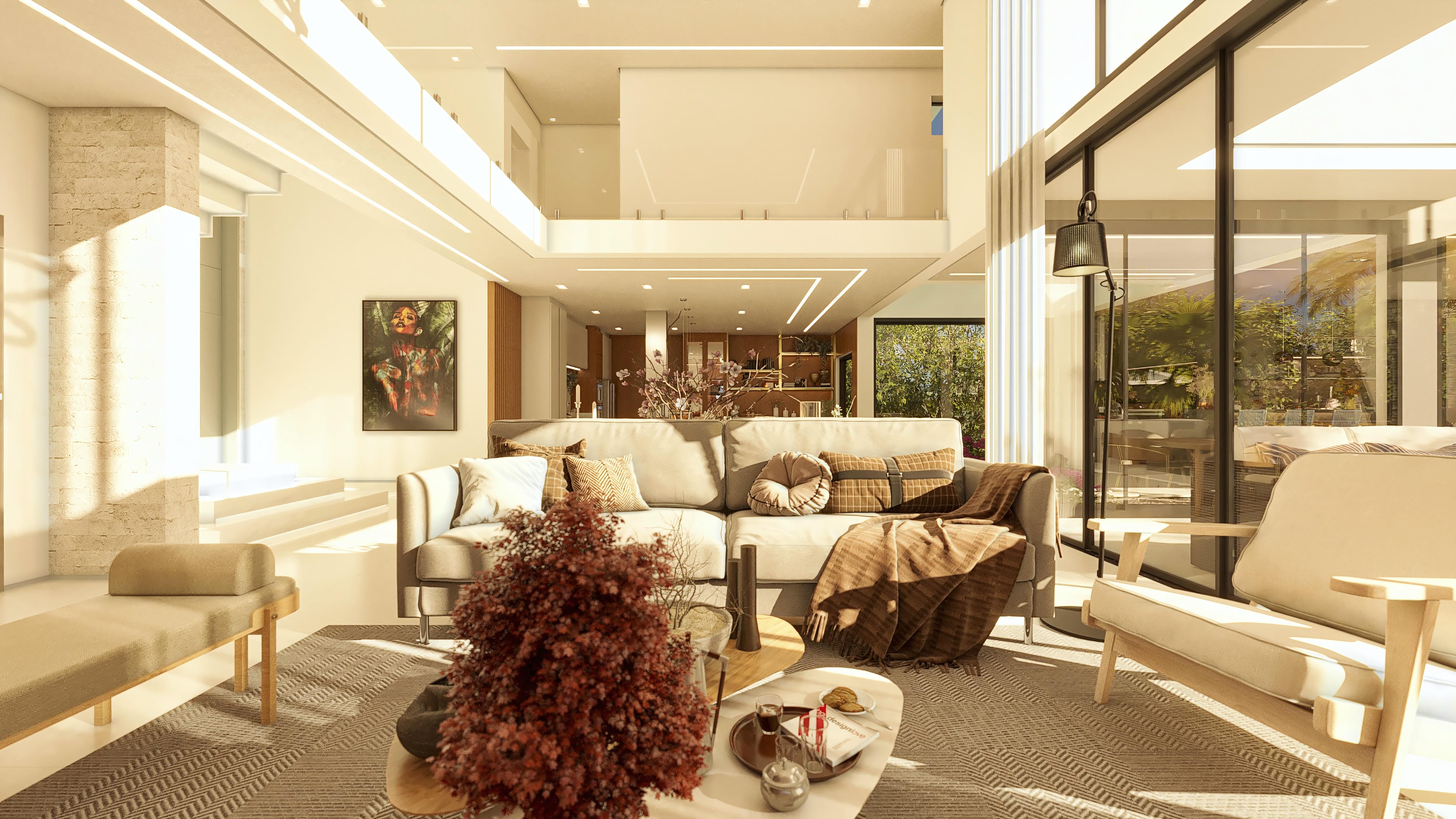 Interior of a modern and luxurious living room with double-height ceilings, large windows, recessed lighting, and finishes in light tones.