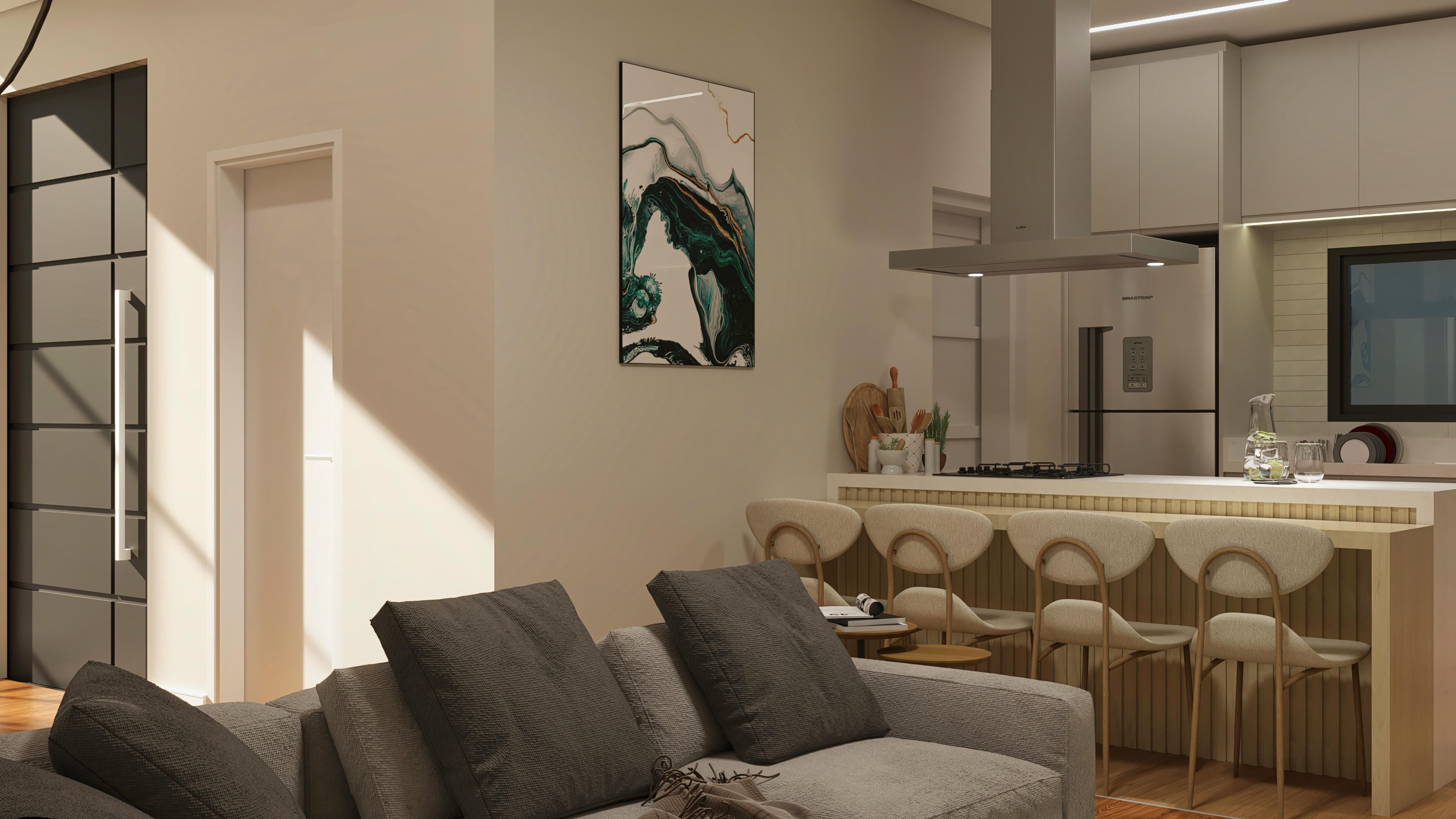 Modern interior of a two-story house with a gourmet island, stainless steel refrigerator, and abstract painting on the wall.