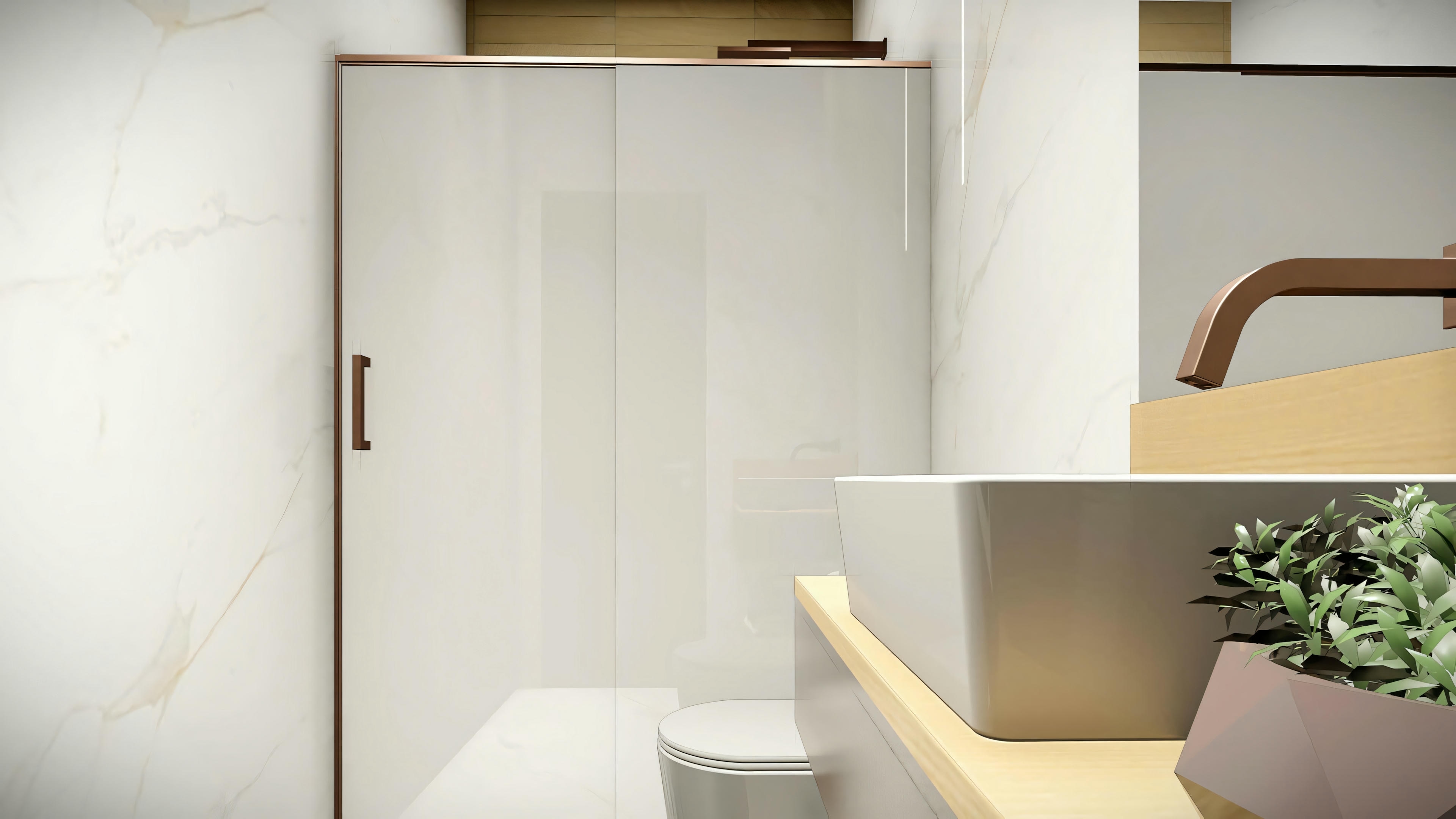 A modern bathroom with a large mirror and a white sink.