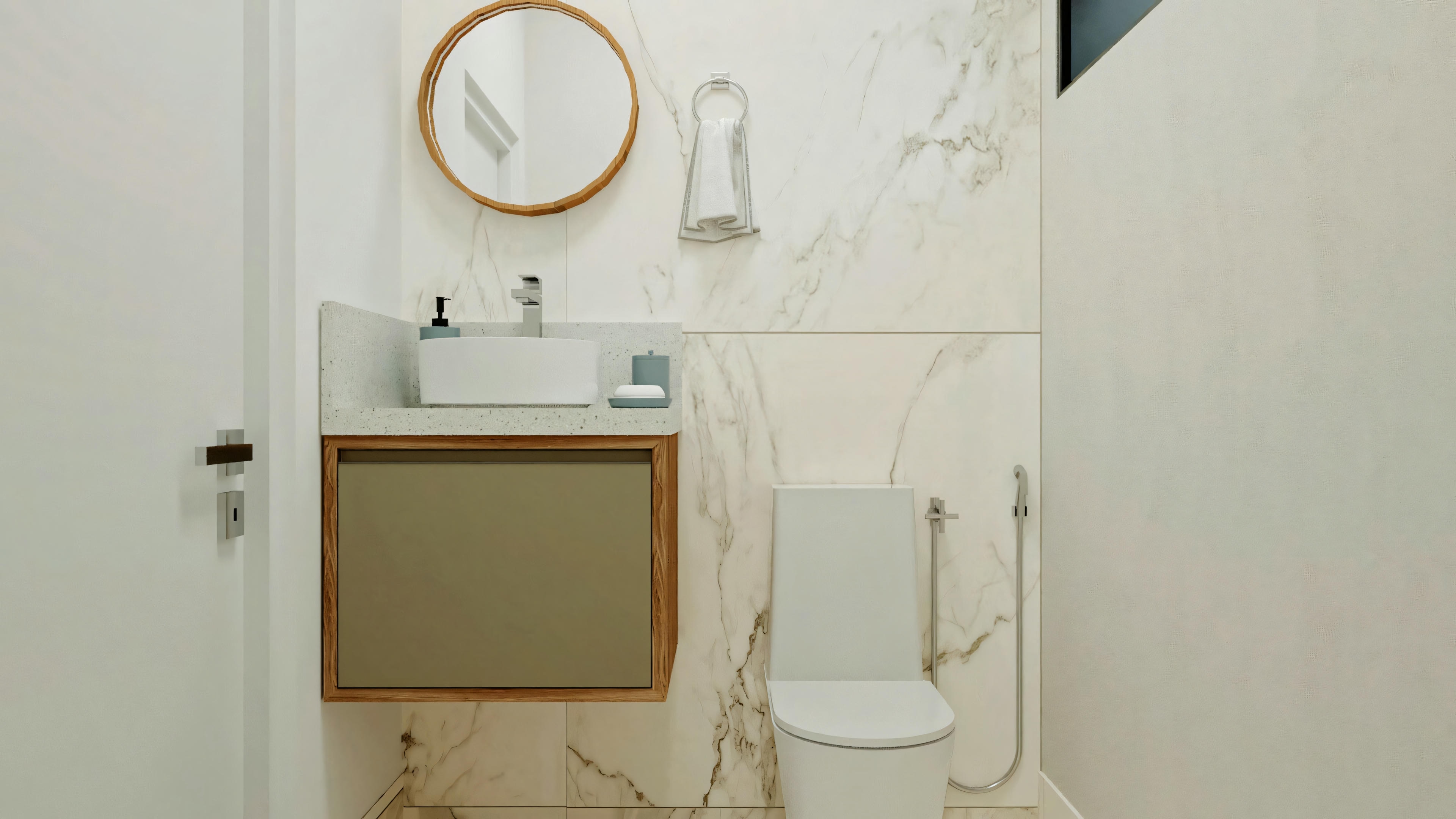 A bathroom with a sink, mirror, and towel hanging on the wall.