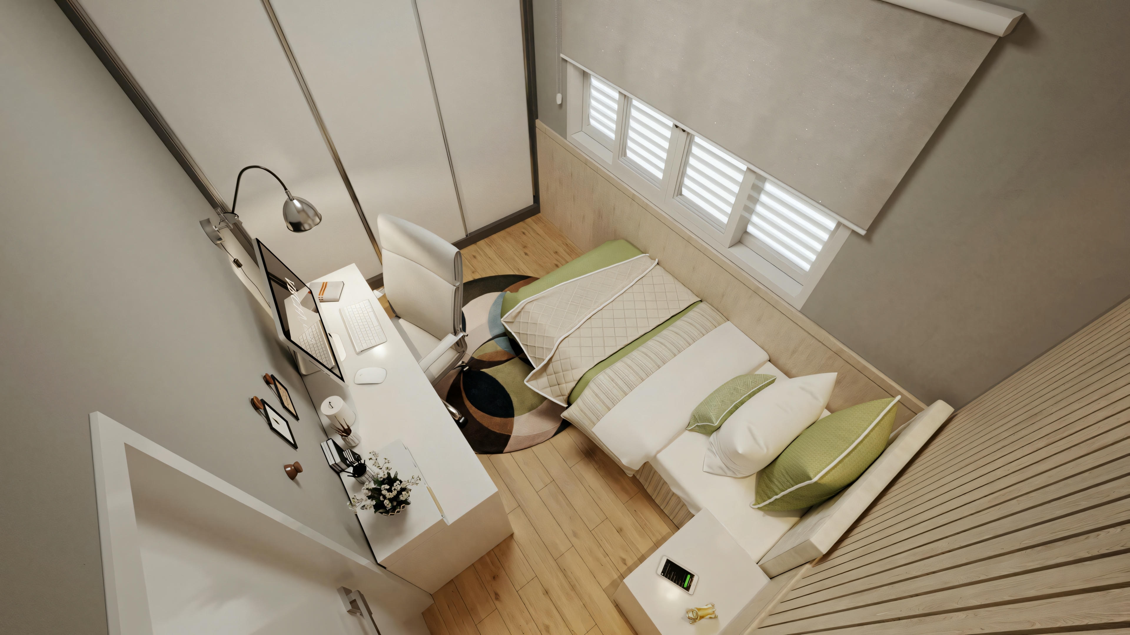 A modern bedroom with a bed, nightstands, lamp, and a desk with a chair. The walls have patterned wallpaper, and there is a large window with curtains.