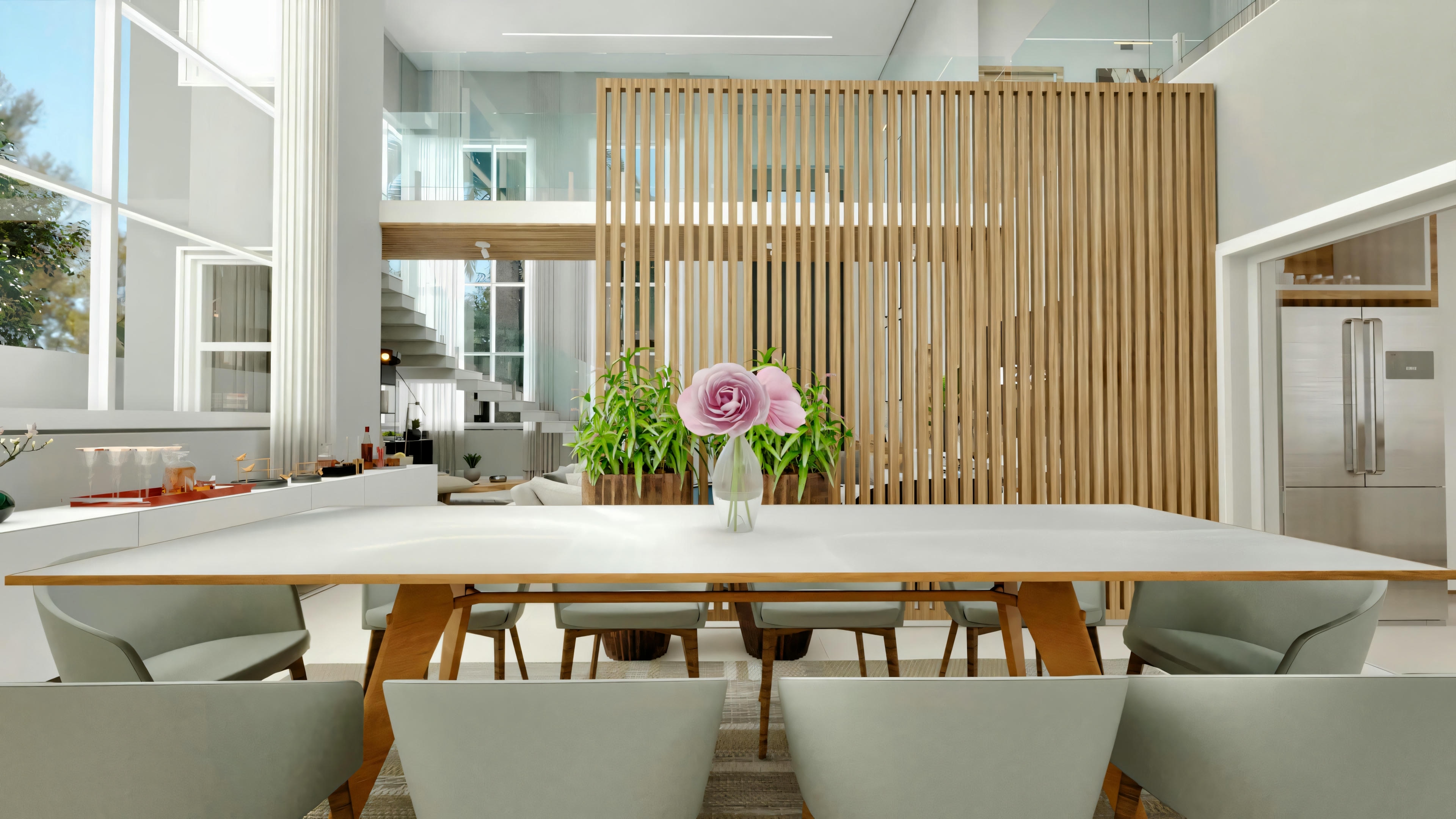 Modern dining room in a neoclassical house, with a large table, fabric chairs, buffet, and a slatted wood room divider separating the kitchen.