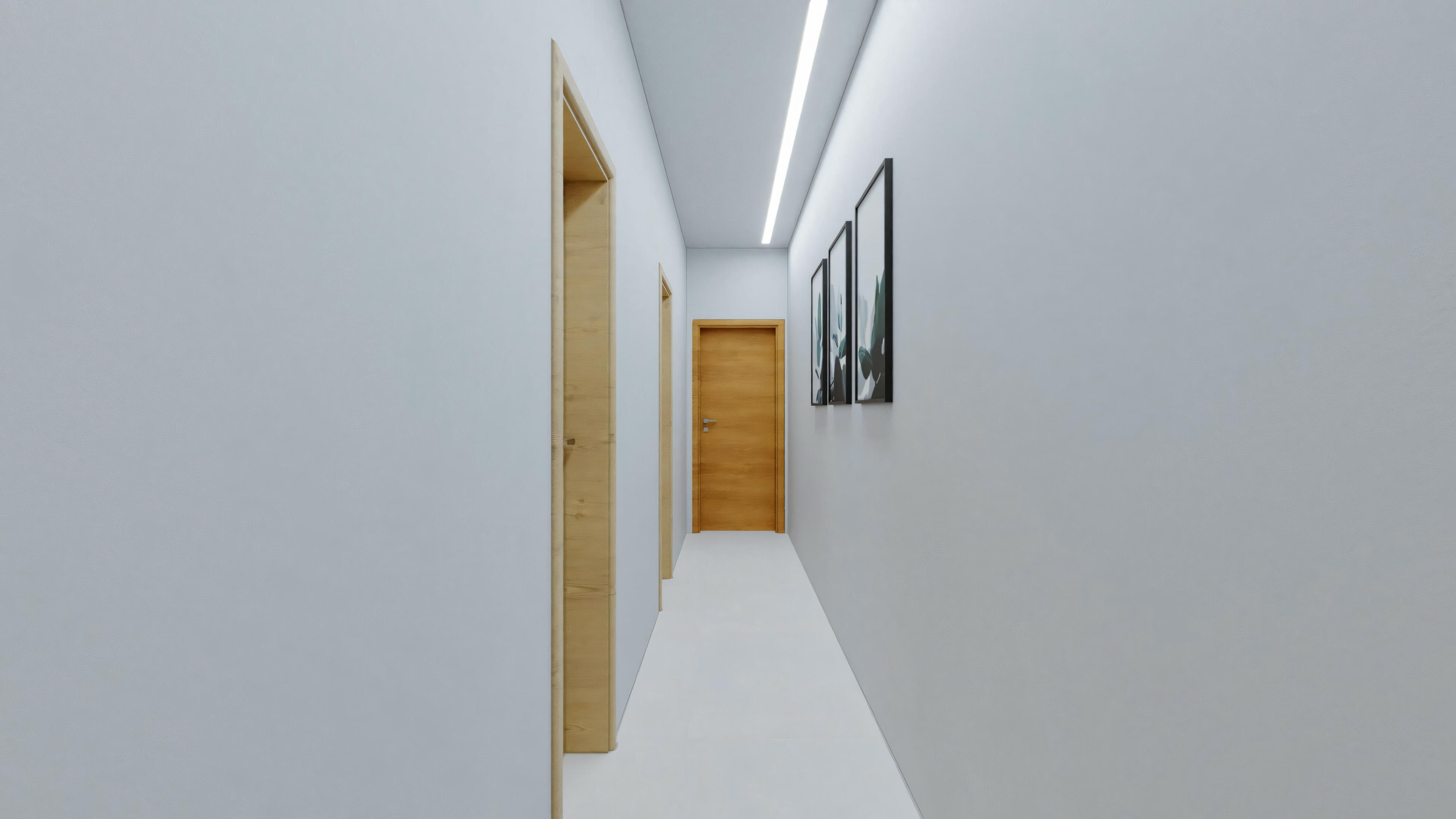 A hallway with white walls, an open wooden door on the left, and paintings hanging on the right wall.