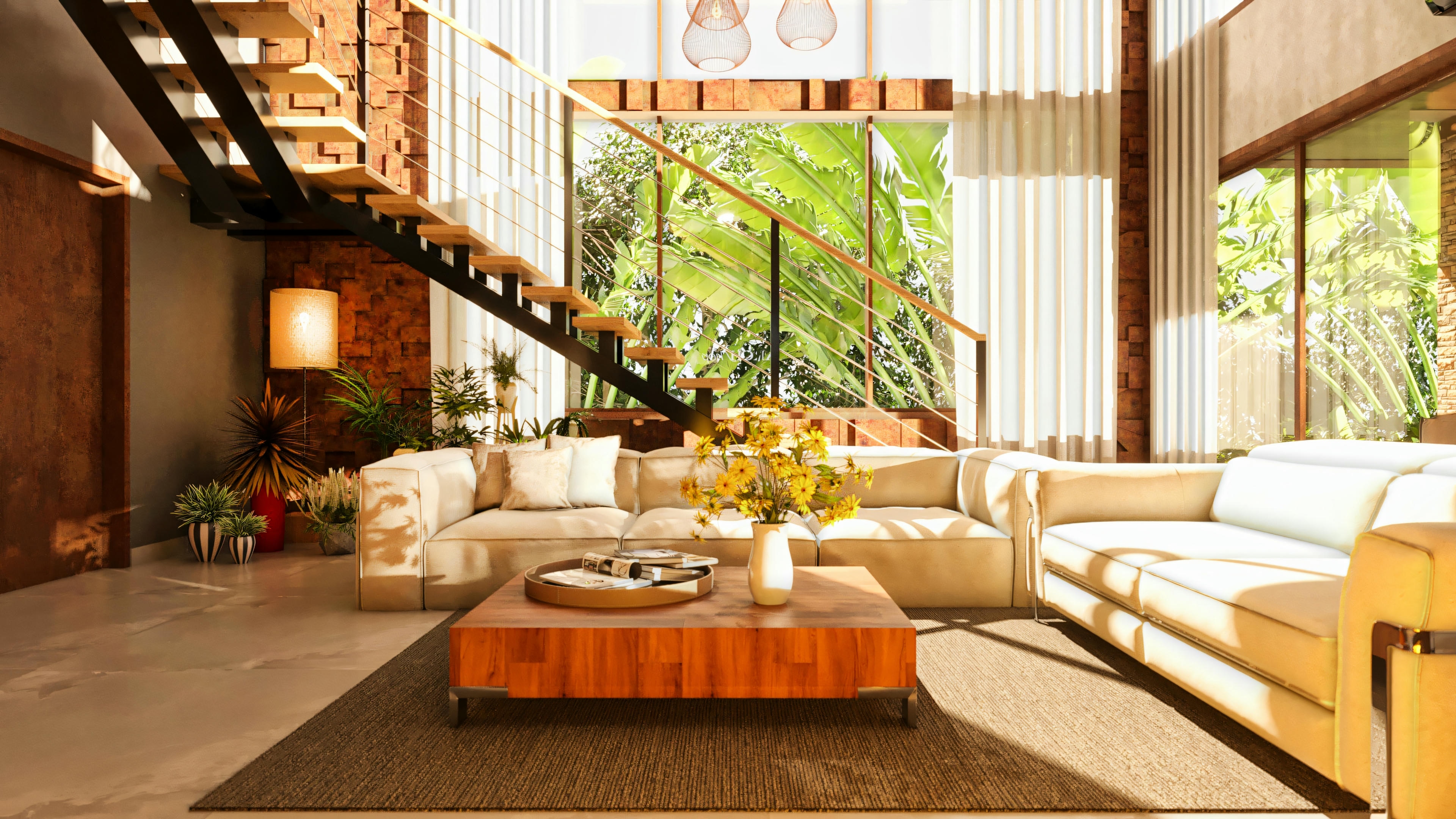 Living room detail in a modern house project, with a slatted wood and white lacquer TV panel, low rack, sofa, leather armchair, and glass coffee table. Modern and cozy decoration.