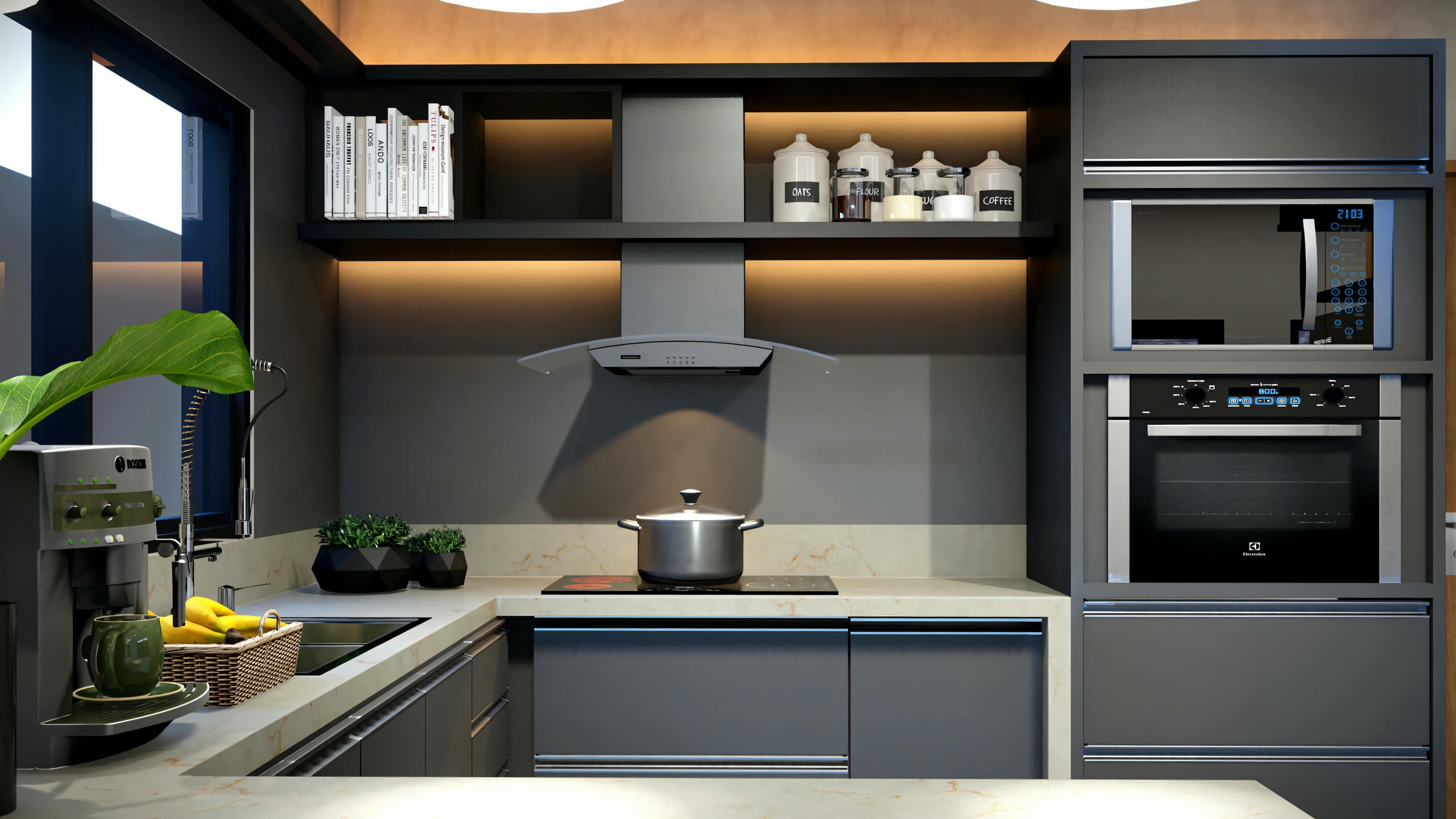 Modern kitchen with dark cabinets and stainless steel appliances, including oven and hood. There is also a plant on the counter.