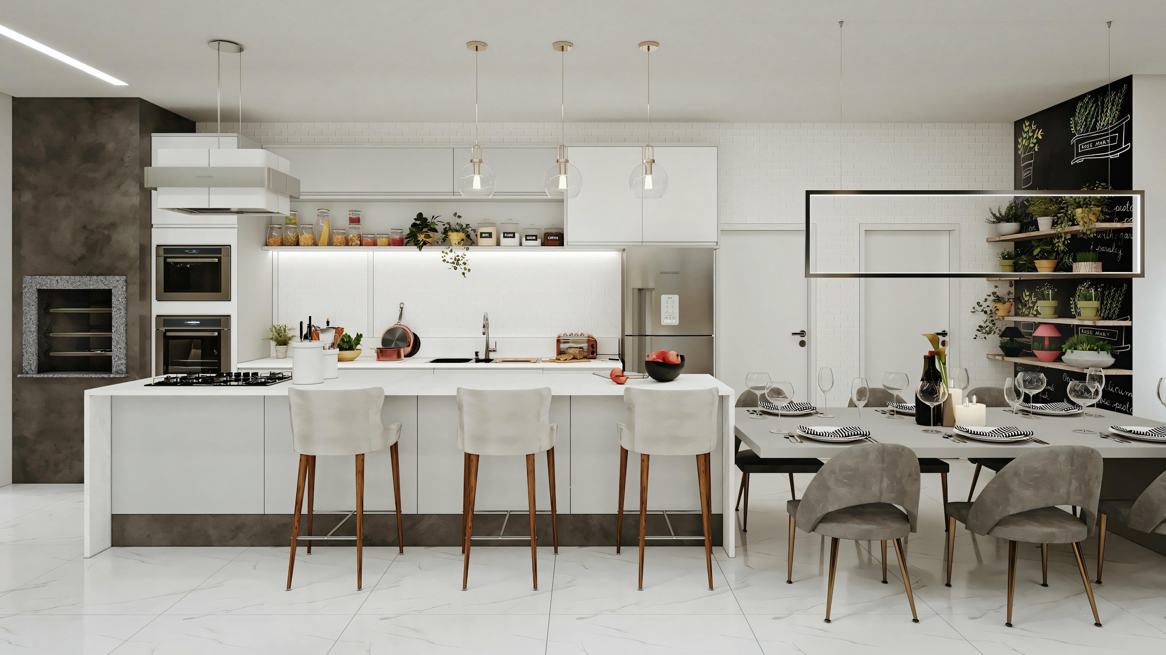 A modern kitchen and dining area with a white color scheme, featuring a long dining table for six people, contemporary chairs, pendant lights above the table, and kitchen appliances in the background.