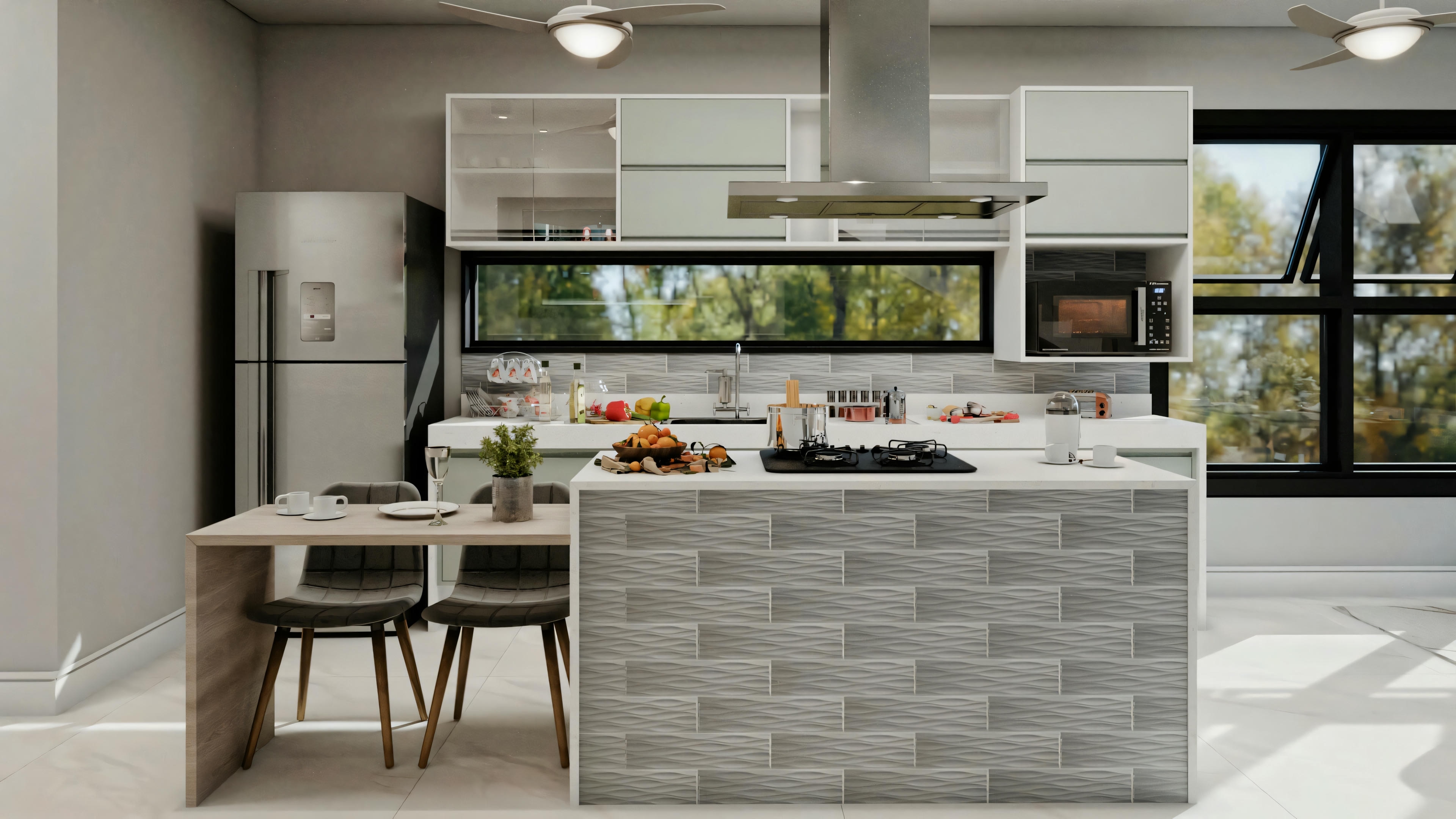 Modern kitchen with gray cabinets, stainless steel appliances, a kitchen island with seating, and large windows providing plenty of natural light.