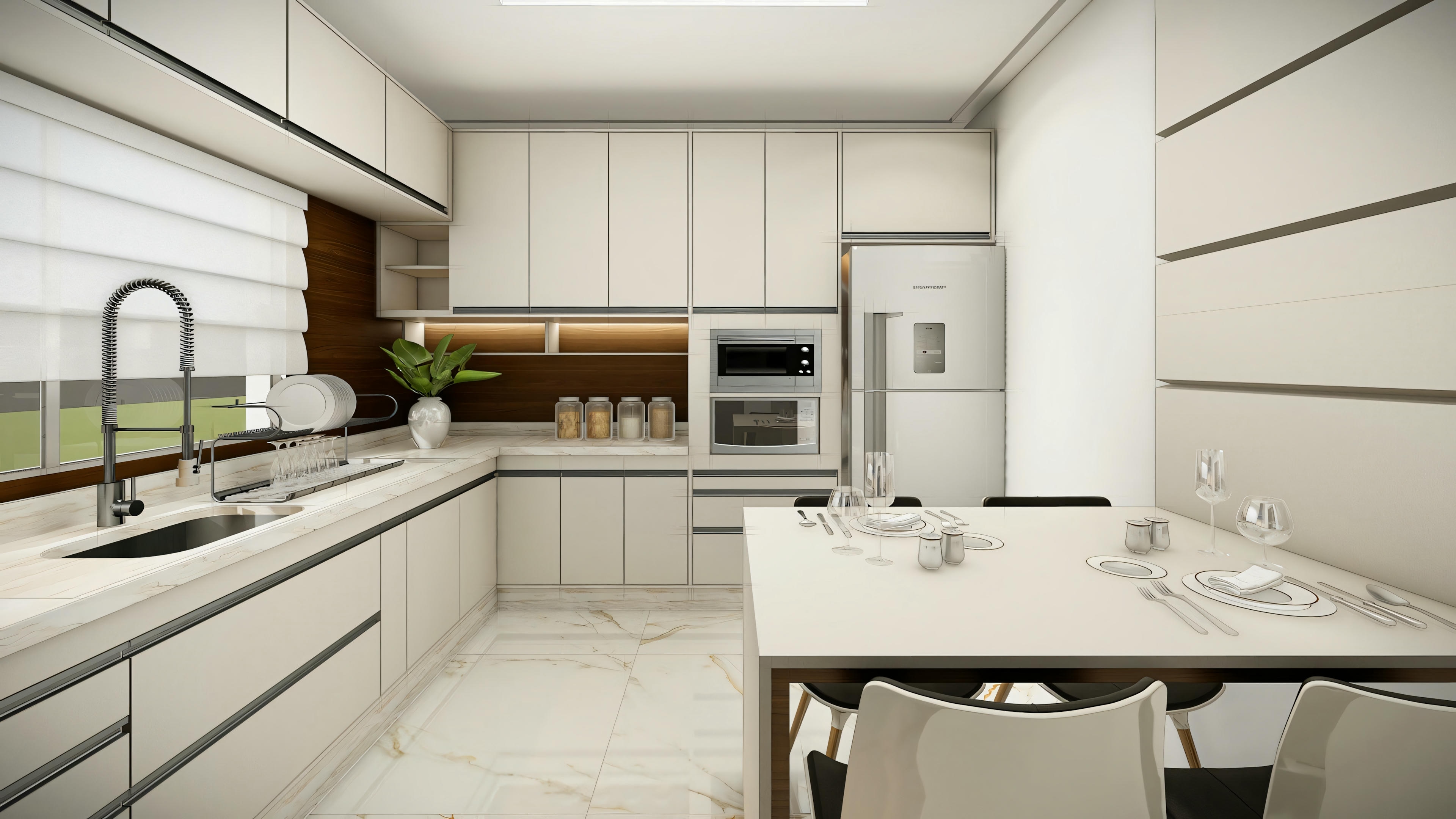 Modern kitchen with gray cabinets, marble countertop, and stainless steel appliances.