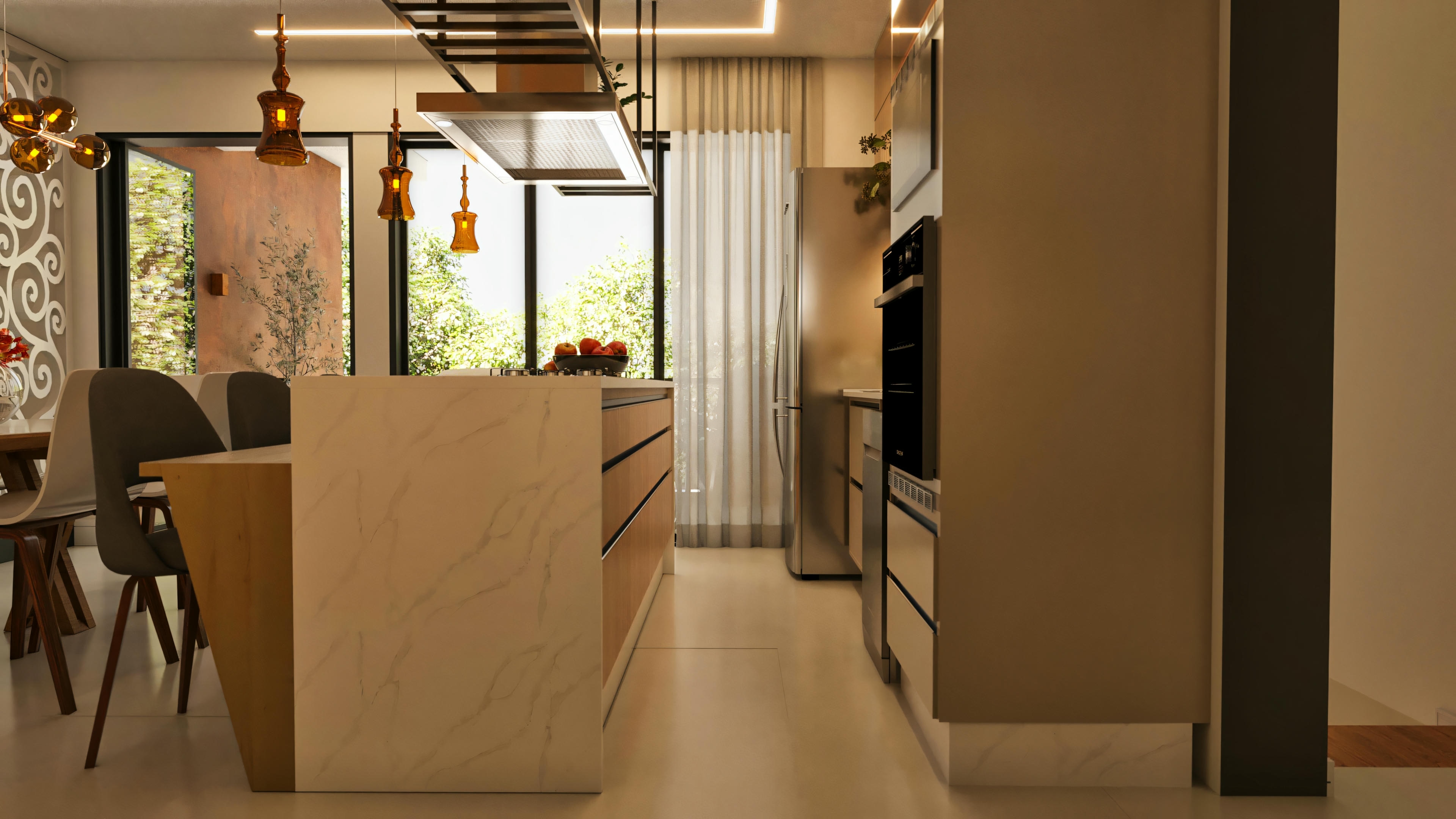 Modern planned kitchen in a 394.84sqm house project, 4 suites, and pool. Highlight for the central island with a light stone countertop with marble effect and wooden base cabinets, suspended stainless steel range hood, built-in appliance tower, and neutral-toned cabinets. Large window in the background ensures natural lighting.