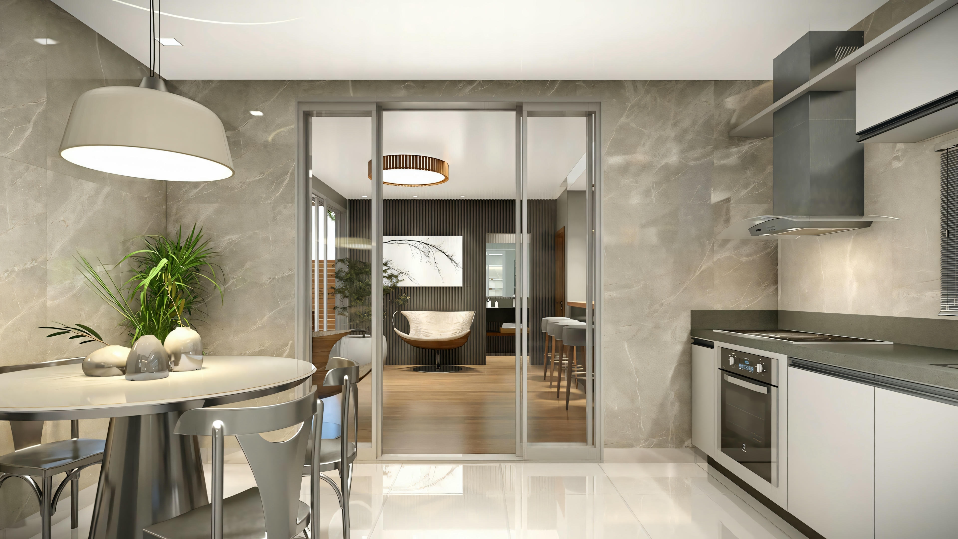 Modern kitchen with elegant cabinets, stainless steel appliances, round dining table with chairs, and pendant lights.